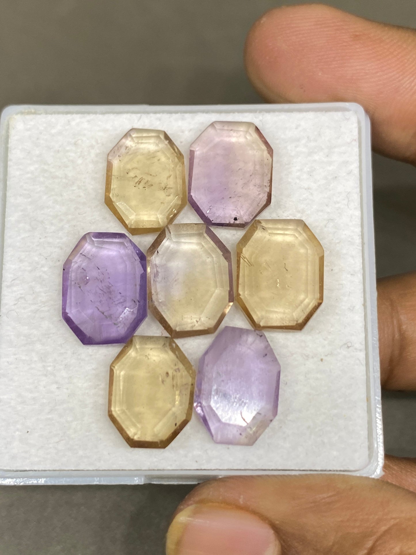 Amazing ametrine ovalish geometric  mirror cut big size aaa quality wt 35 cts pcs 7 size 14x10mm-14x11mmAmethyst citrine mirror cut hexagon