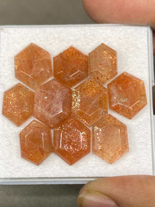 Stunning rare sunstone hexagon shape mirror cut flats wt 44 carats pcs 10 size 13x9-15x11mm sunstone geometric mirror cut flatback gems