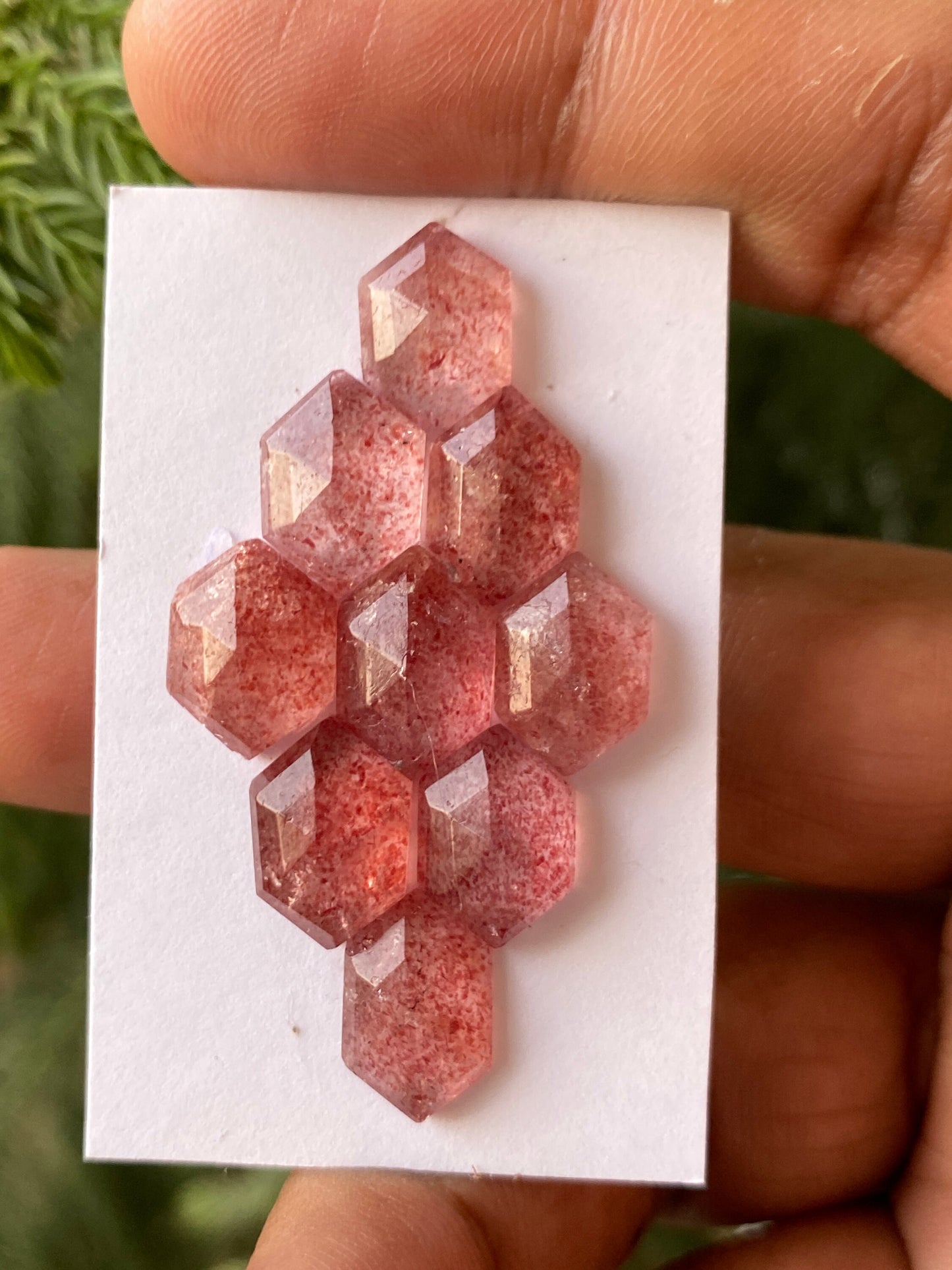 Amazing strawberry quartz geometric hexagon flatback lot beautiful fine quality wt 28.60 cts size 12x8-13x9mm pcs 9 quartz flat