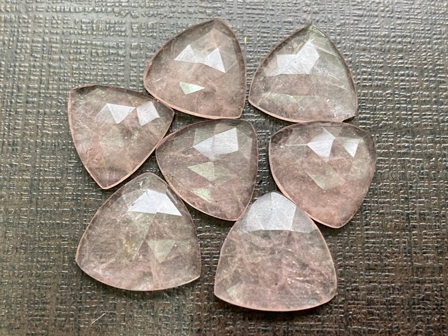 Cute baby pink Strawberry quartz trillion lot pcs 7 wt 40  cts size 15mm beautiful pink strawberry quartz trillion shape rosecut