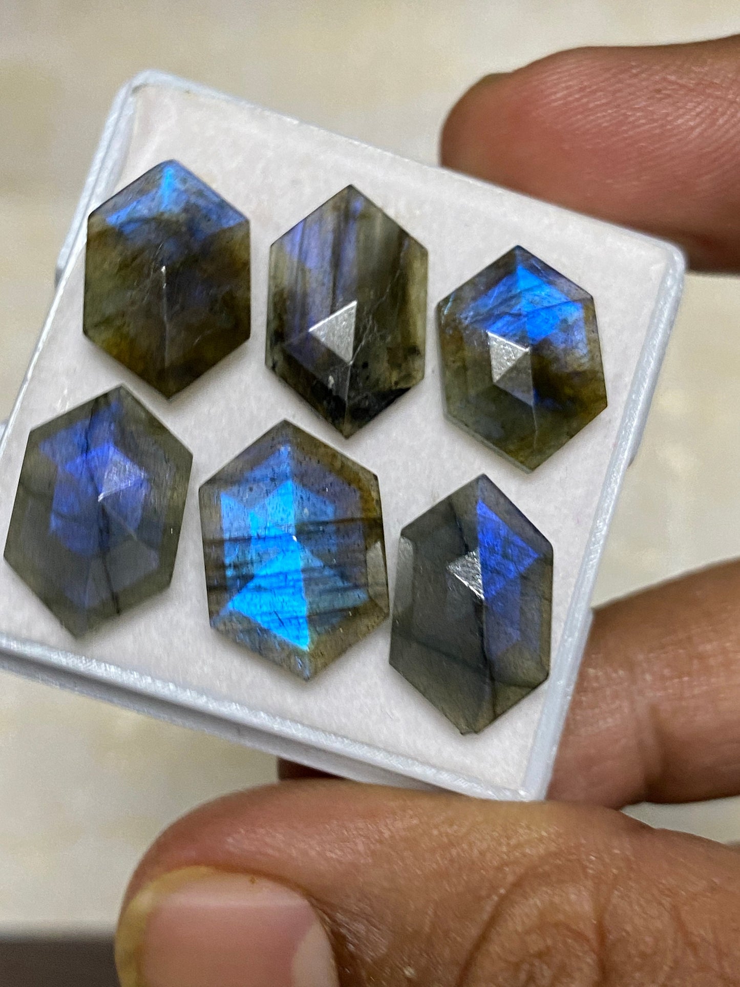 Dazzling blue fire labradorite hexagon step cut wt 30.5 cts pcs 6 size 15.2x10.9-16.5x11.5mm blue fire labradorite hexagon