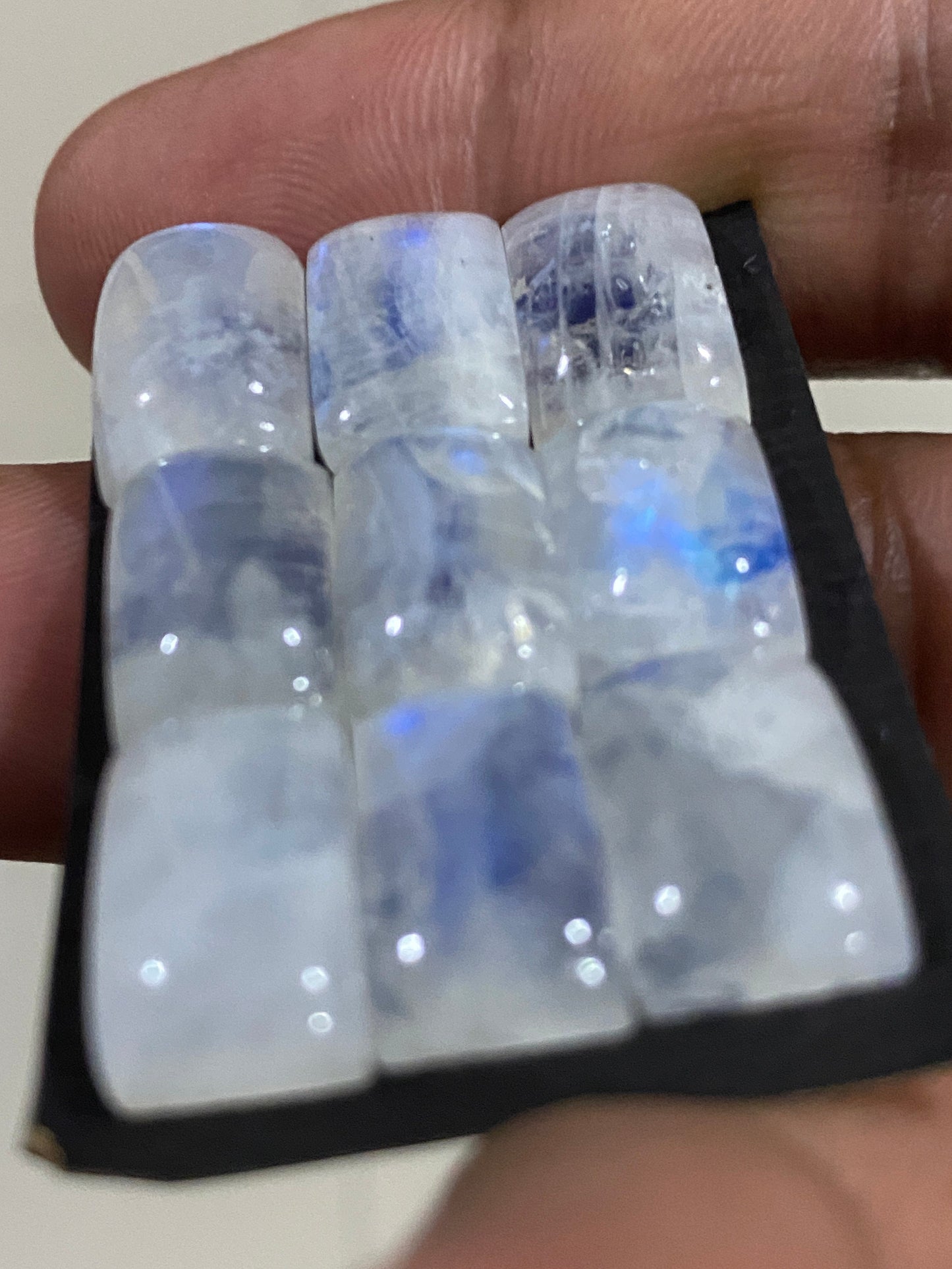 Vivacious Blue fire aaa white rainbow moonstone rectangle cushion cabochons  lot pcs 9 wt 60 cts size 13x8mm-14x9mm fire rainbow moonstone