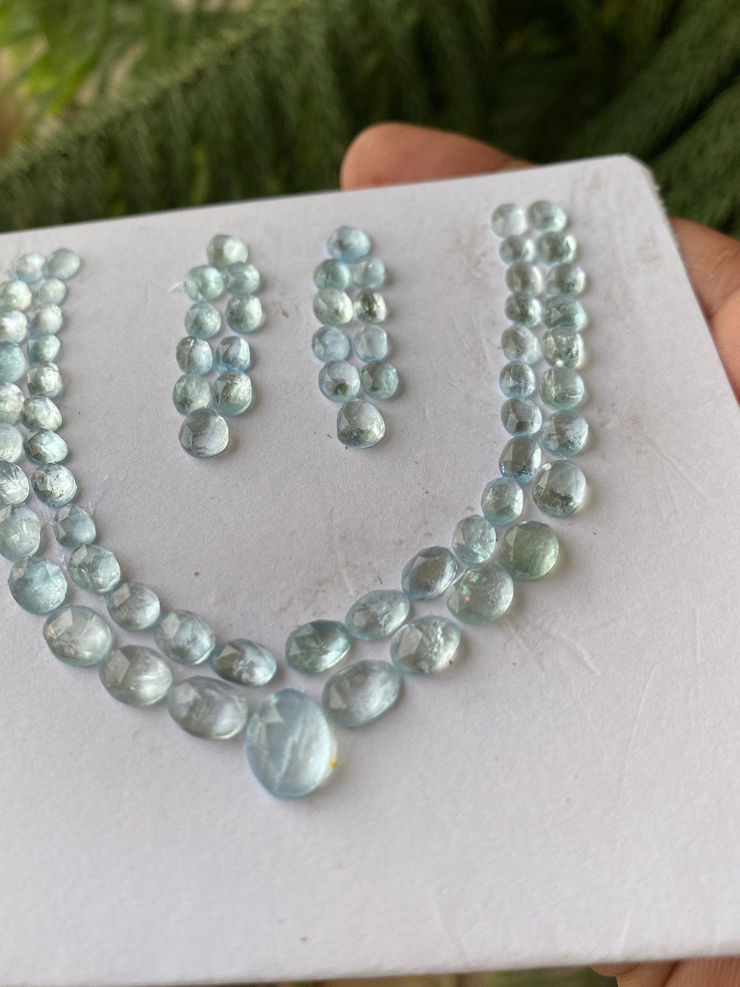 Stunning aquamarine rosecut necklace earring set natural aquamarine cabochons weight 70 carats pcs 70  size 8x5-10x8mm aquamarine rosecut