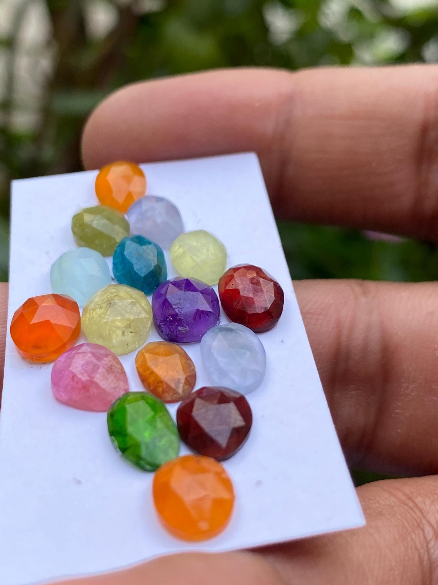 Stunning multi stones Vesuvianite sapphire Grosular aquamarine red garnet apatite amethyst carnelian rosecut pcs 16 weight 22 carats 8x6-9mm