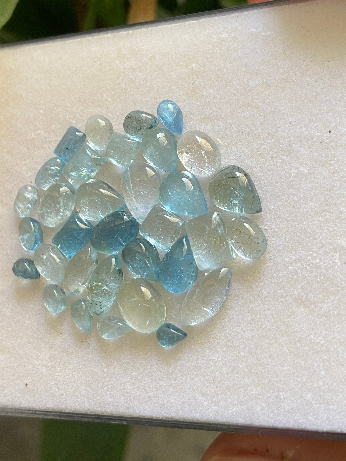 Attractive rare Aquamarine Fine quality cabochons  pcs 33 wt 22 carats Size 4.2x3mm-9.9x4.9mm aquamarine cabochons flats