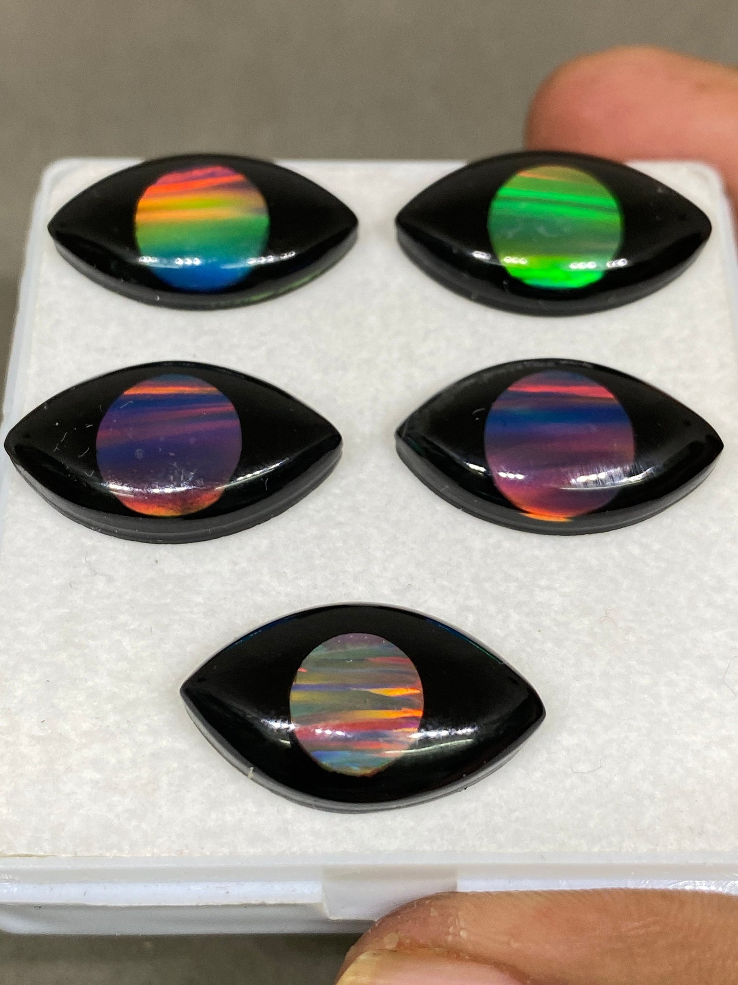 Stunning Multi fire opal synthetic aurora opal with black onyx eye carving wt 66 carats  pcs 5 size 24x4-26x6mm fire opal eye carving