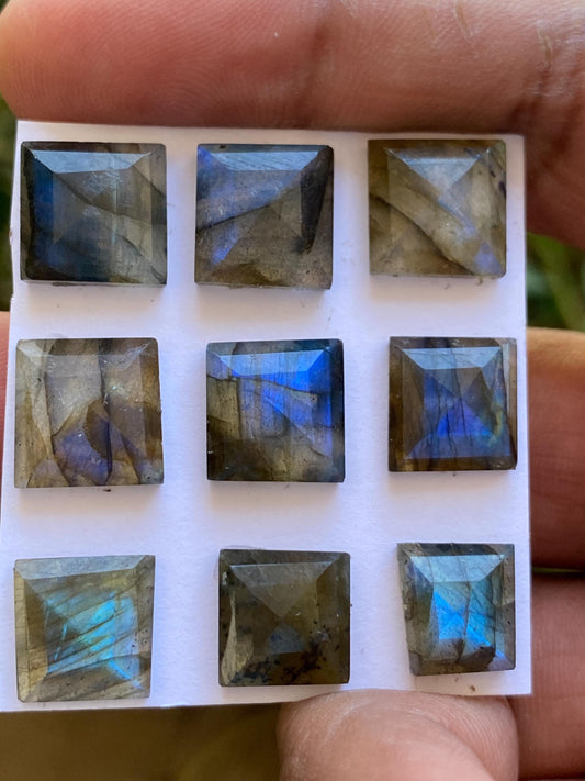 Dazzling rare blue fire labradorite square stepcut flatbacks wt 46.50 carats pcs 9 size 10-12mm labradorite hexagon stepcuts geometric gems