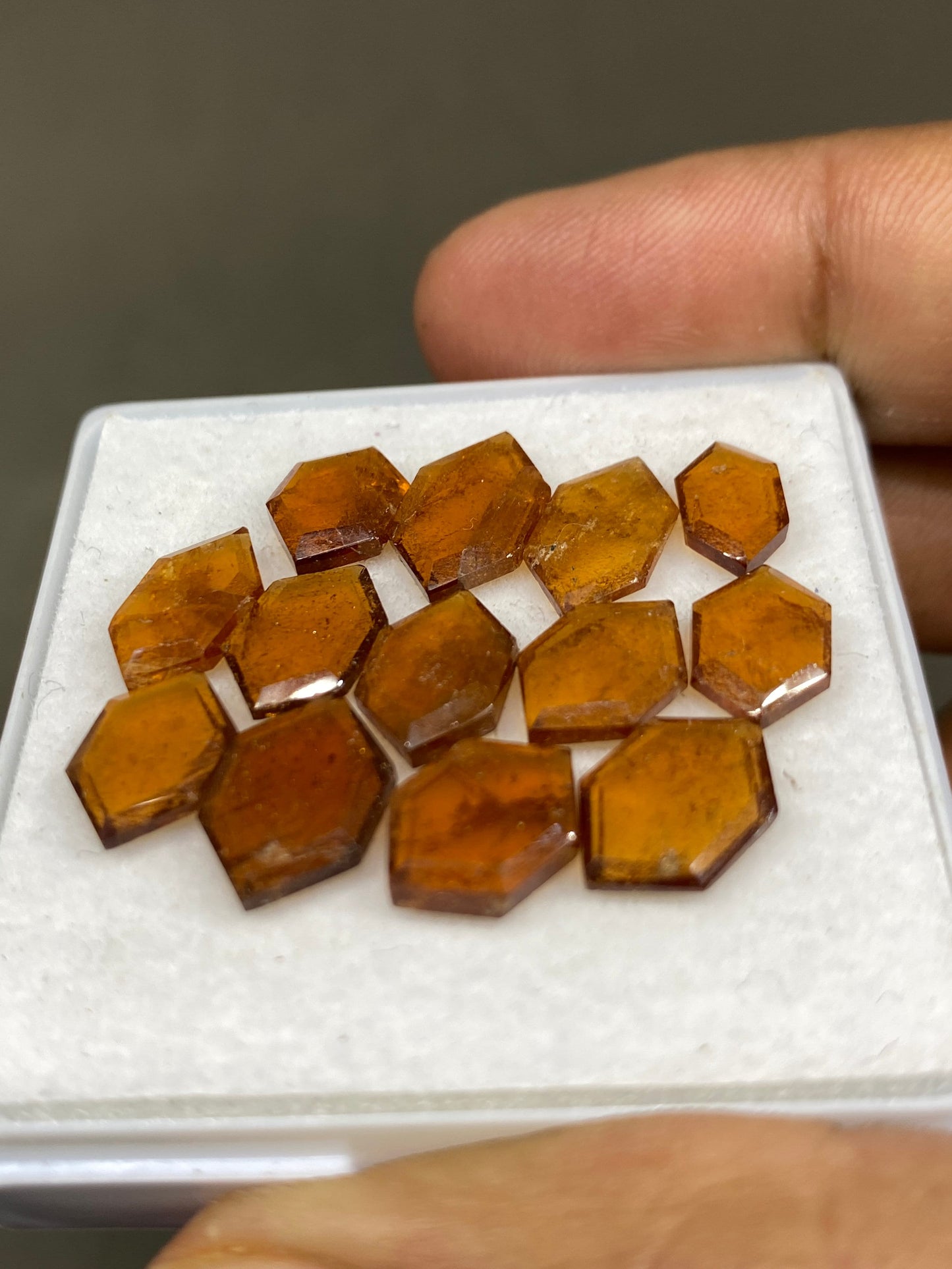 Mesmerising hessonite orange garnet hexagon mirror cuts wt 31 carats  pcs 13 size 10x6mm-13x8mm Hessonite garnet stepcut hexagons