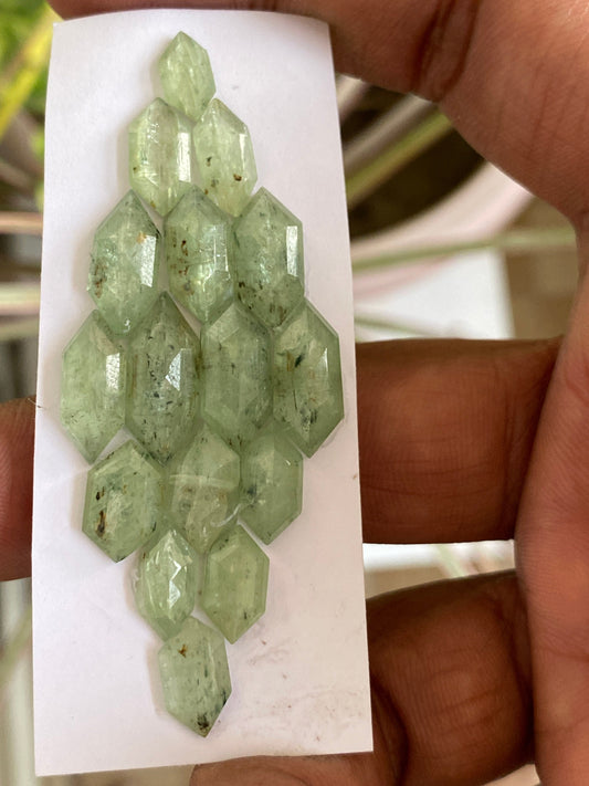 Stunning rare moss green kyanite hexagon stepcut flats fine quality weight 49 carats size 9.5x5.4mm-17x7mm pcs 16 quality moss green hexagon