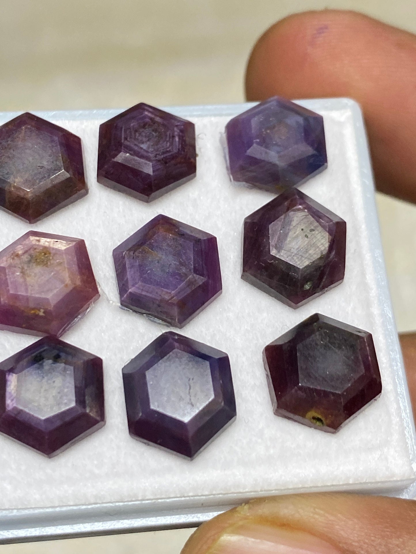 Blingy rare sheen sapphire ruby geometric hexagon  fancy mirror cut weight 40.80 cts pcs 9 size 11.5x10mm natural star sapphire step cuts