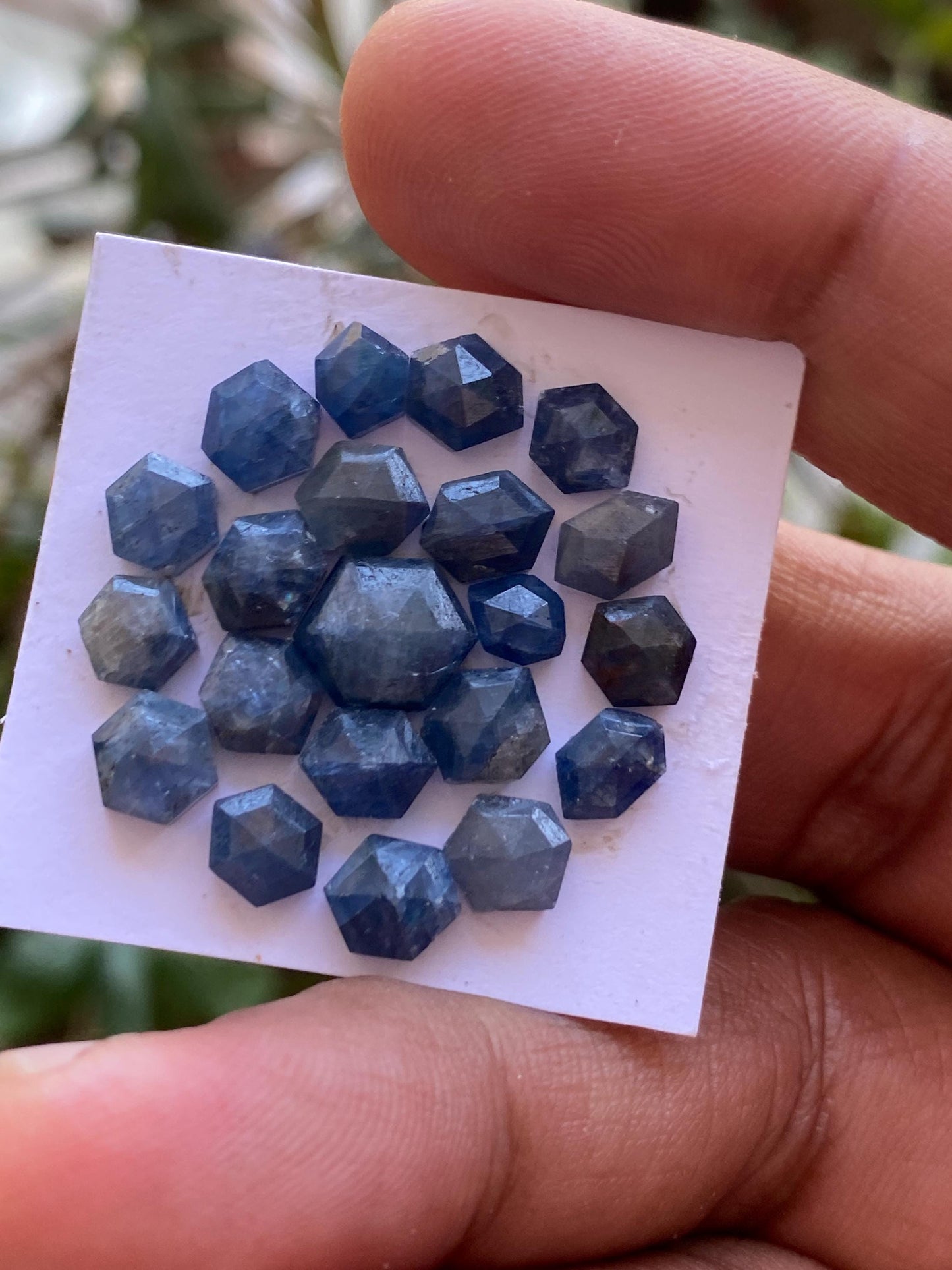 Rare blue sapphire hexagon step cuts  wt 30.80 cts  Pcs  21 size 5.5x4.8mm-9.6x7.9mm blue sapphire stepcut hexagon flatbacks