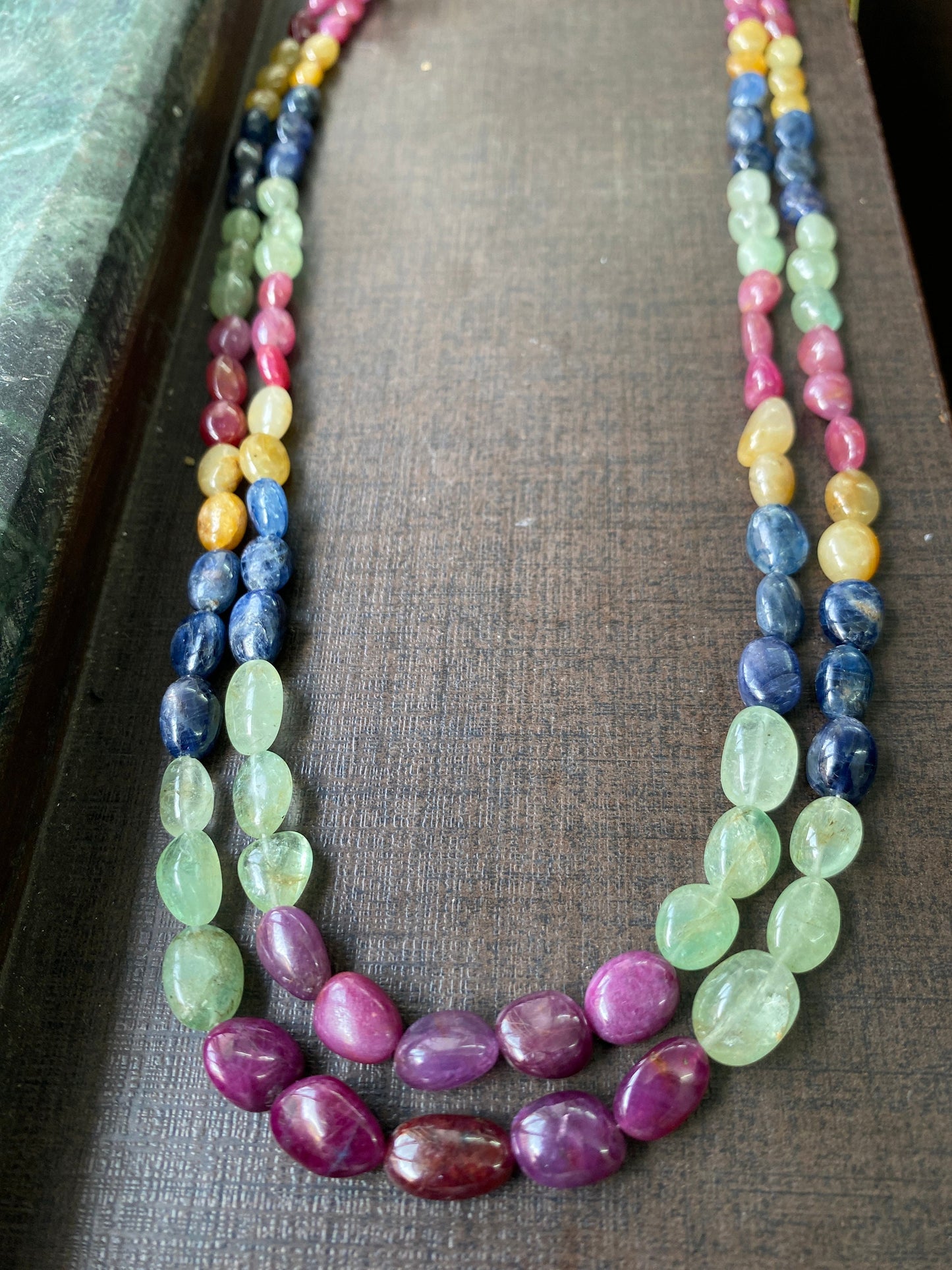 Very rare Multi Sapphire ruby emerald necklace smooth polished nuggets weight 375 carats size 8.2x5-12.5x8mm length inches multi sapphire