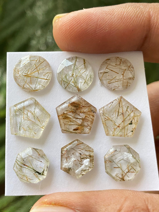 Stellar Rare Copper brown rutile hexagon pentagon stepcut round rosecut multi rutile wt 25 cts pcs 9 size 9-11mm needles rutile rosecut