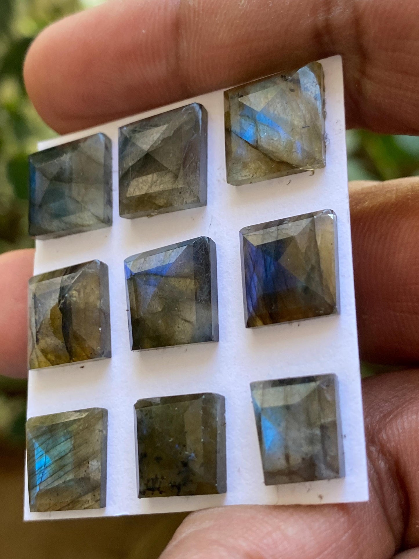 Dazzling rare blue fire labradorite square stepcut flatbacks wt 46.50 carats pcs 9 size 10-12mm labradorite hexagon stepcuts geometric gems