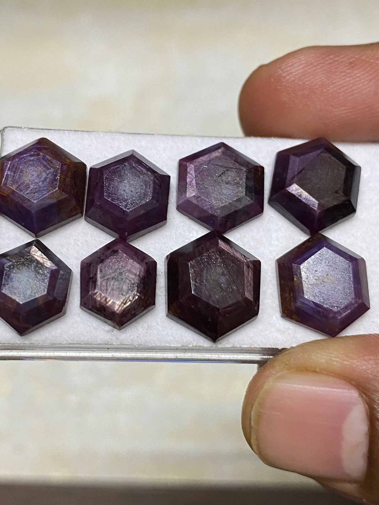 Stunning rare sheen sapphire geometric hexagon  fancy mirror cut weight 51 cts pcs 8 size 11.4x9.5mm-14x12mm natural star sapphire step cuts