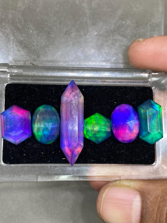 Fabulous Multi fire purple blue green aurora opal crystal doublet stepcut Hexagon oval pcs 6 wt 40 cts size 10-32x8mm ring pendant supply