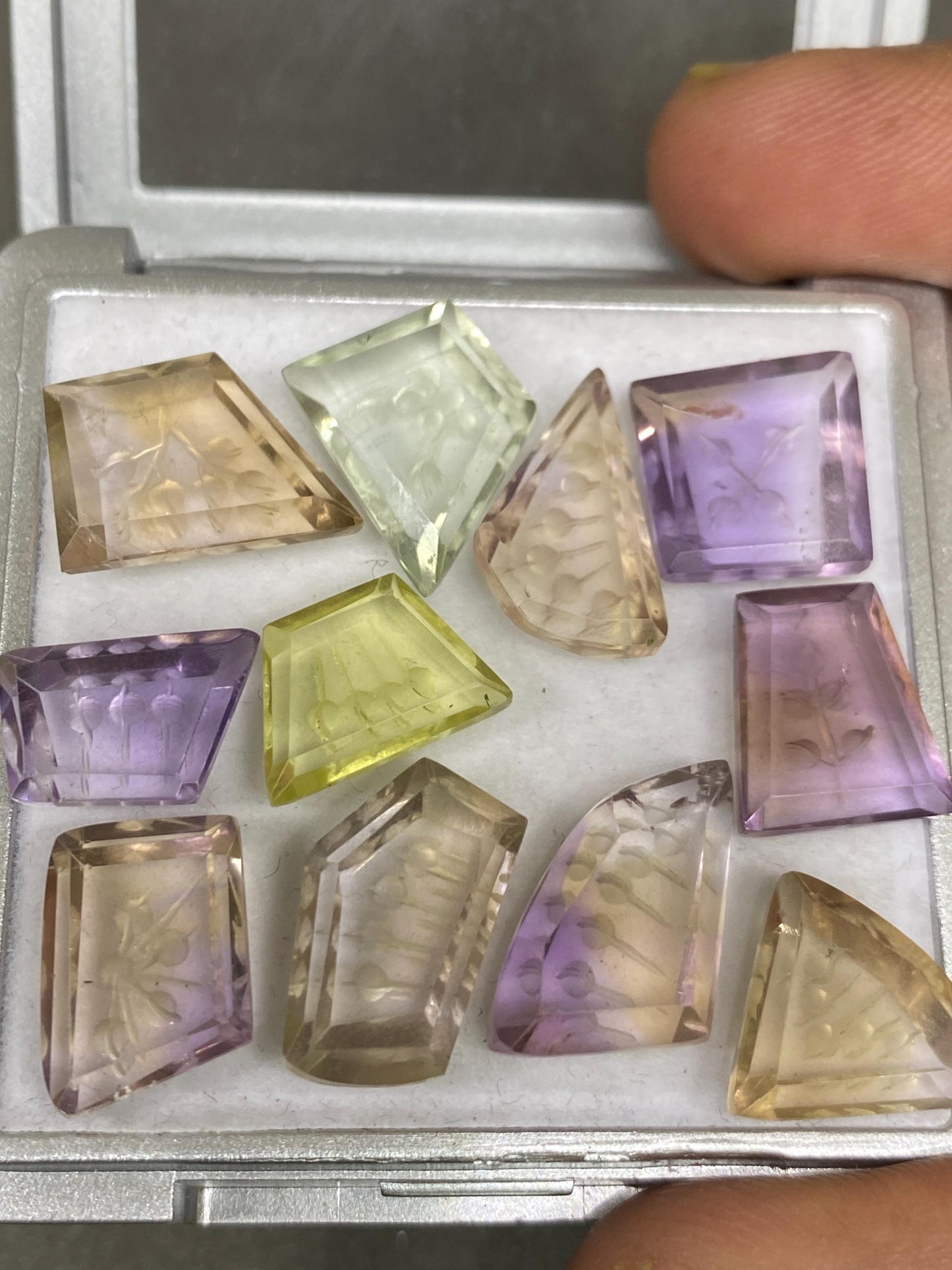 Stunning AAA Ametrine lemon quartz green amethyst intaglio carving cutstones wt 60 carats pcs 11 good size 12x8-16x15mm Ametrine carving