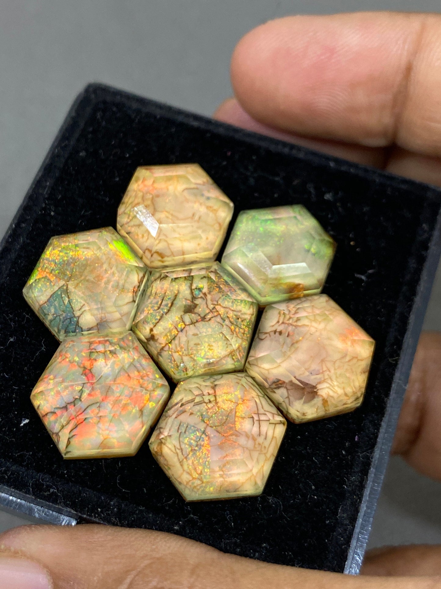 Fascinating Multi fire sterling opal monarch opal crystal doublet hexagon stepcut wt 85 carats rare big size 14x16mm-15x17mm jewelry supply