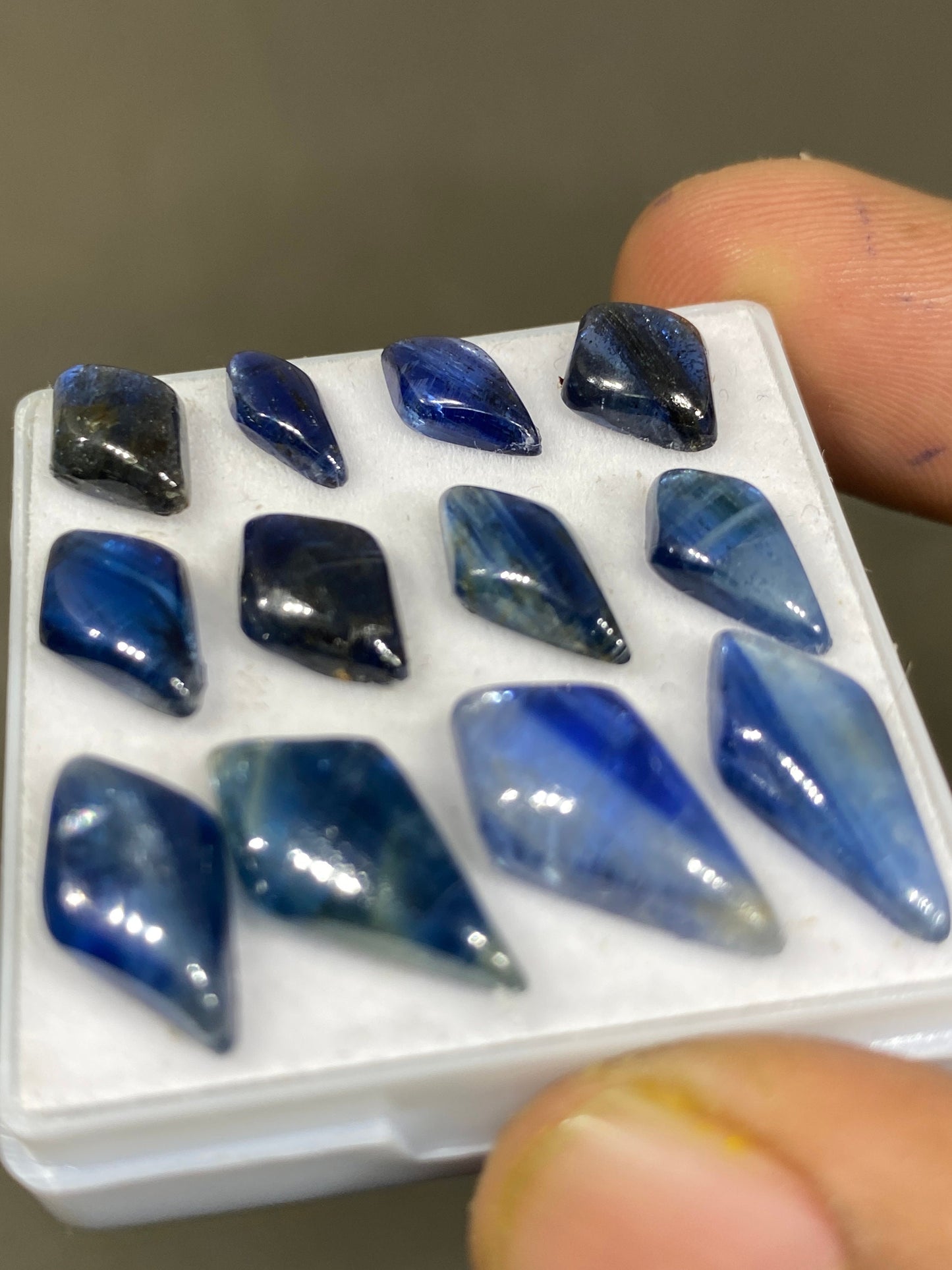 Stunning rare blue kyanite geometric kite fine quality wt 36 cts size 10x5.6mm-17.5x8.6mm pcs 12 blue kyanite kite cabochons smooth polished