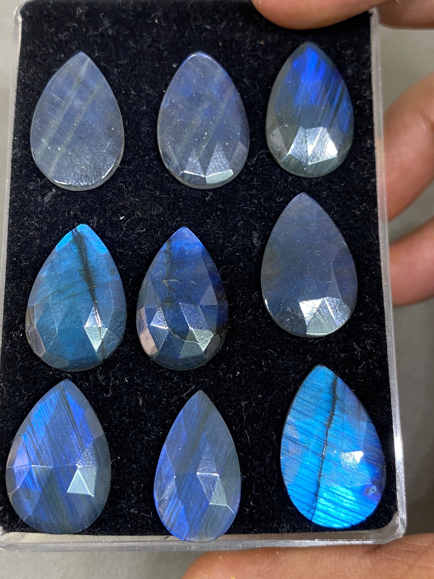 Mesmerising blue fire labradorite pear rose cut wt 55 cts pcs 9 size 14x9-20x11mm blue fire labradorite hexagon