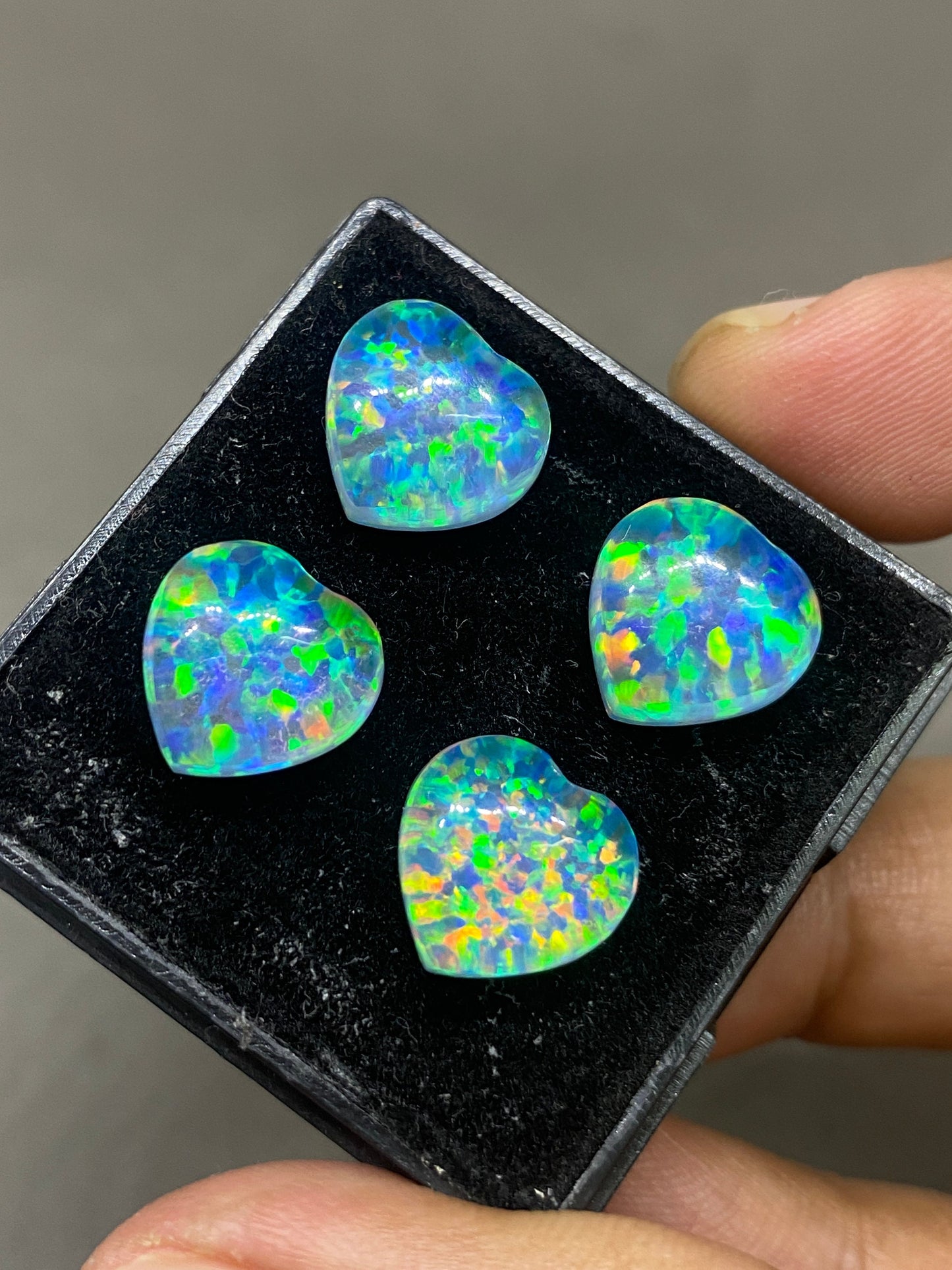 Mesmerising Multi fire aurora opal and crystal doublet heart  smooth cabochons pcs 4 wt 25 carats  size 12mm ring pendant auroral opal