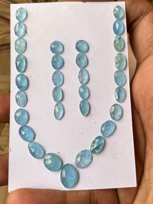 Stunning aquamarine rosecut necklace earring set natural aquamarine cabochons weight 39 carats pcs 31 size 6.7x5.5-10.5x8.8mm aquamarine