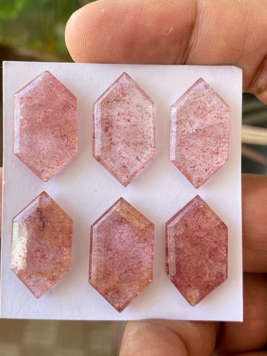 Mesmerising rare big strawberry quartz hexagon mirror cut weight 61.90 cts pcs 6 size 22x13-25x13mm Pink quartz mirror cut hexagon