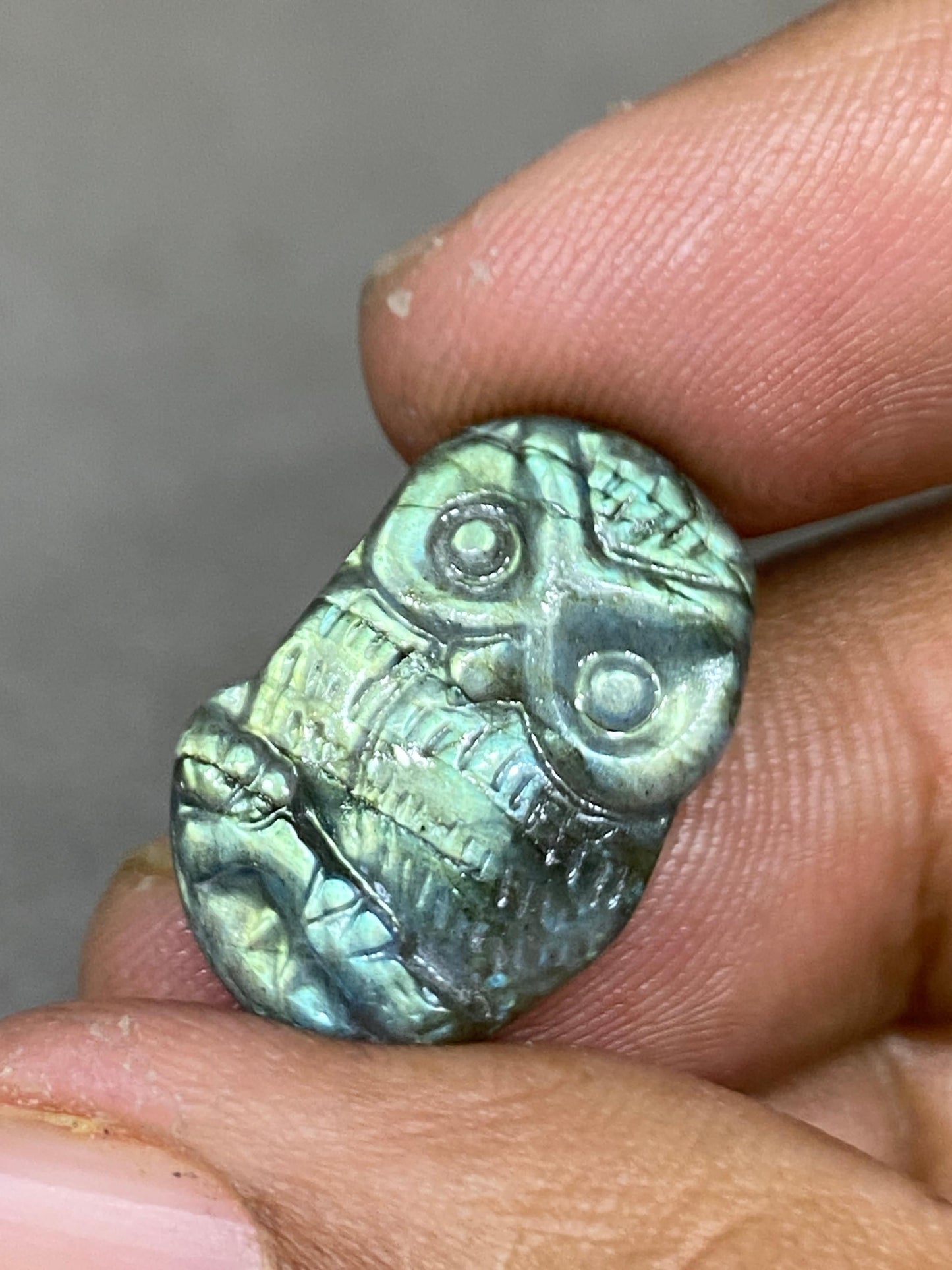 Cute Rare Natural AAA green fire labradorite owl carving  for pendant wt 14.60  cts size 22x14mm labradorite owl carving Halloween gift