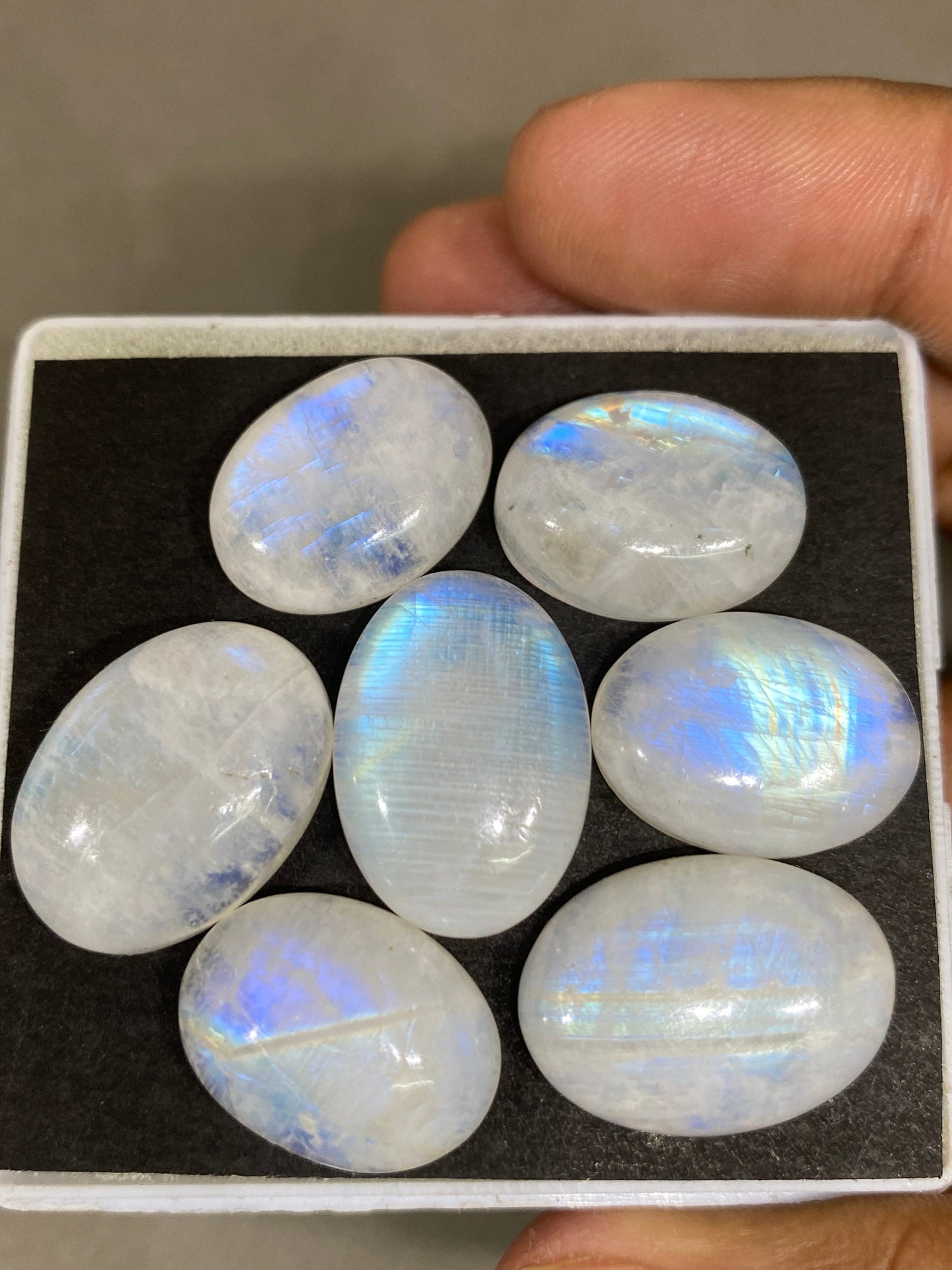 Fascinating  Blue fire rainbow moonstone oval cabochons  lot pcs 7 weight 127 cts size 19x14mm-23x16mm beautiful fire rainbow moonstone