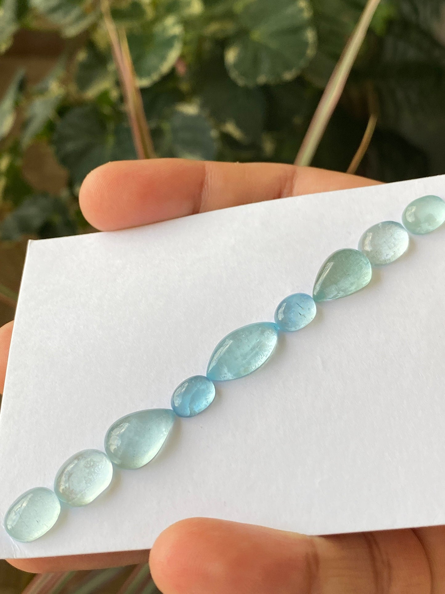 Delightful rare Aquamarine Fine quality cabochons  bracelet supply  pcs 9 wt 33 carats Size 10x7mm-18x9mm aquamarine cabochons flats