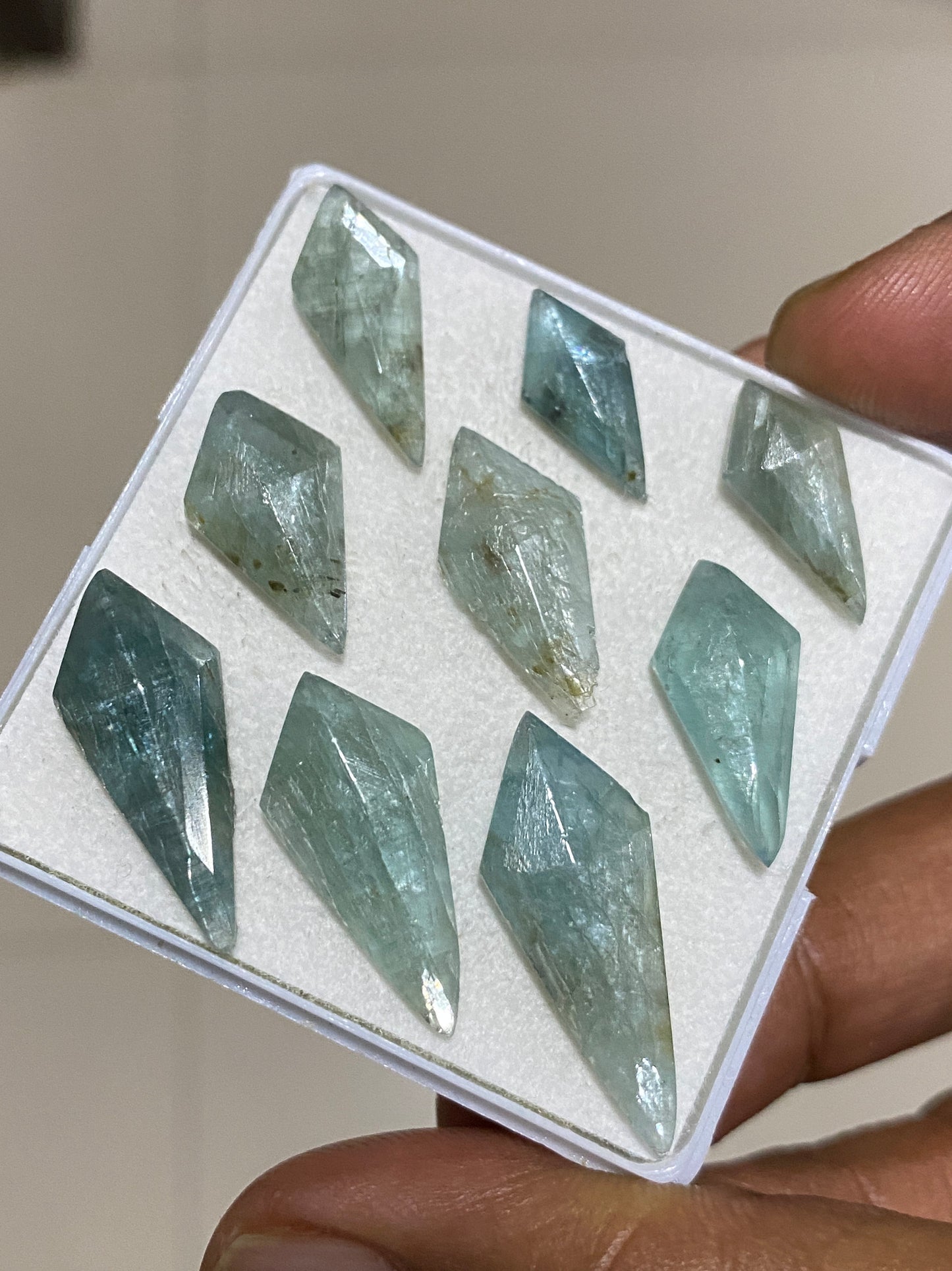 Very beautiful rare aqua kyanite kite flats amazing quality lovely color weight 51 carats pieces 9  size 15x7mm-23x10mm rosecut gems