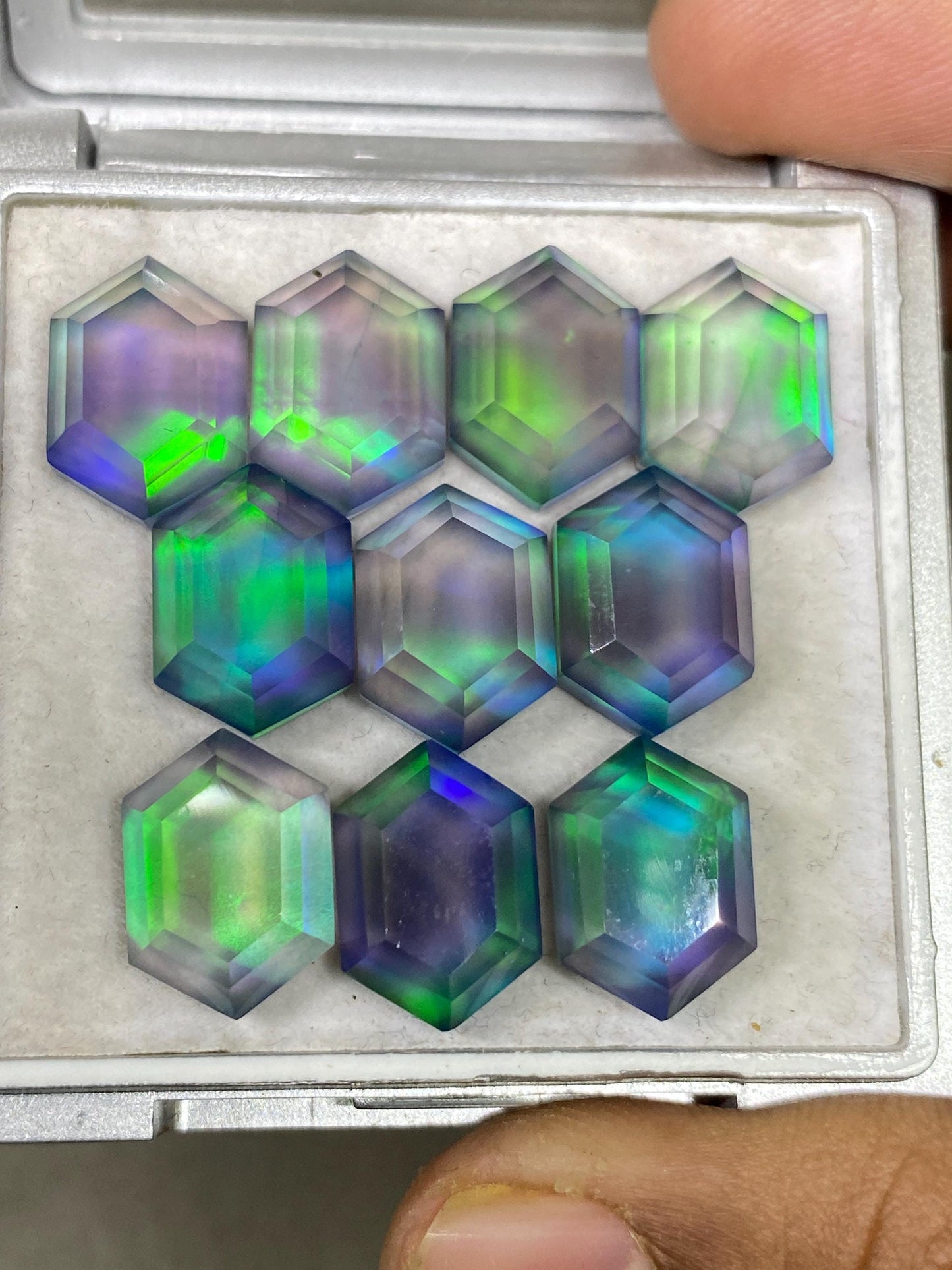 Attractive Multi green blue fire aurora opal and crystal doublet mirror cut Hexagon pcs 10 wt 62 cts rare size 14x10mm ring pendant supply