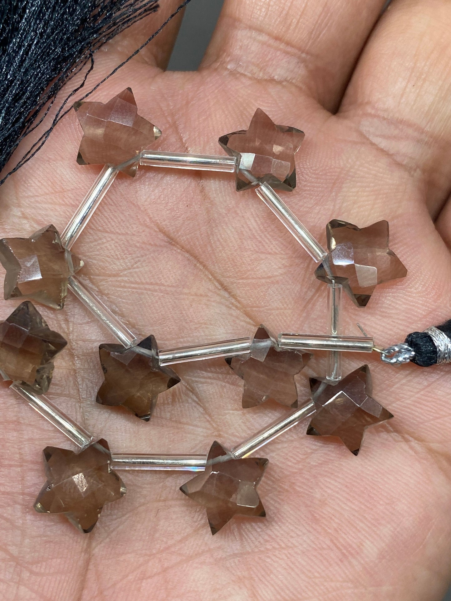 Gorgeous rare Smokey quartz faceted star shape briolette strand length 7 inches wt 44 cts approx size 11mm-12mm Smokey quartz star briolette