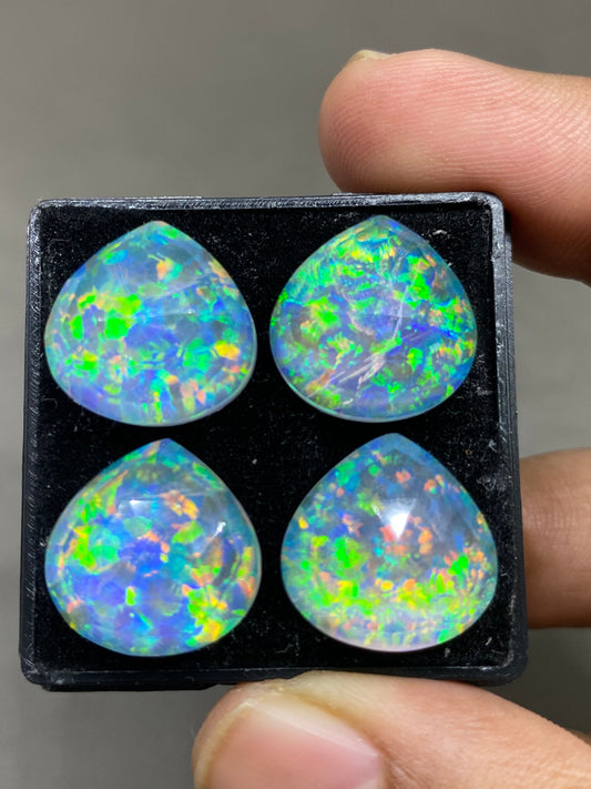 MesmerisingMulti fire aurora opal n crystal doublet heart gem faceted  pcs 4 wt 52 carats big size 16mm ring pendant earring auroral opal