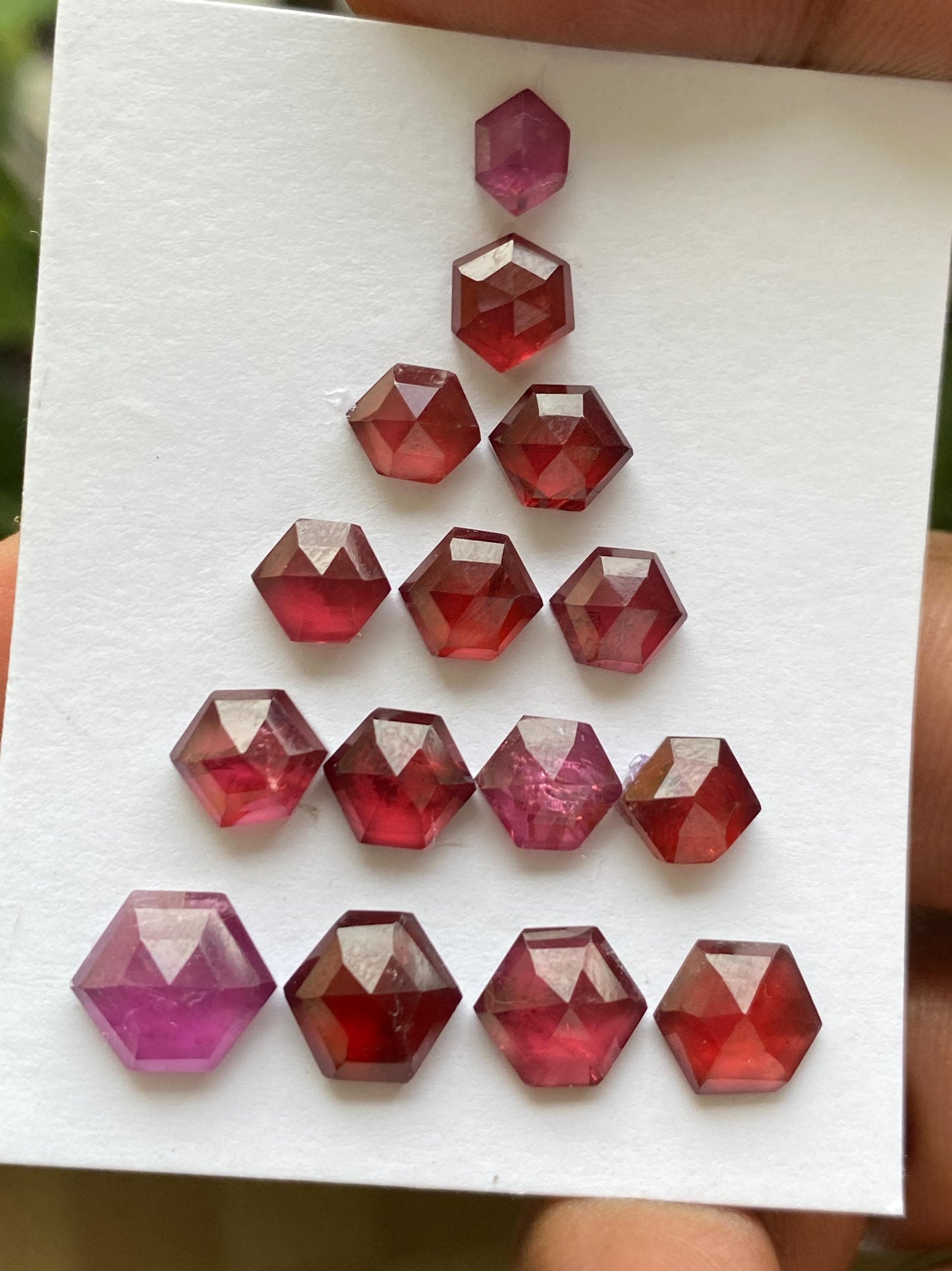 Fabulous Rhodolite garnet hexagon step cuts Malaya aaa quality wt 17 cts pcs 15 size  7.7x4.6-8.5x5.5mm Rhodolite garnet stepcut hexagons