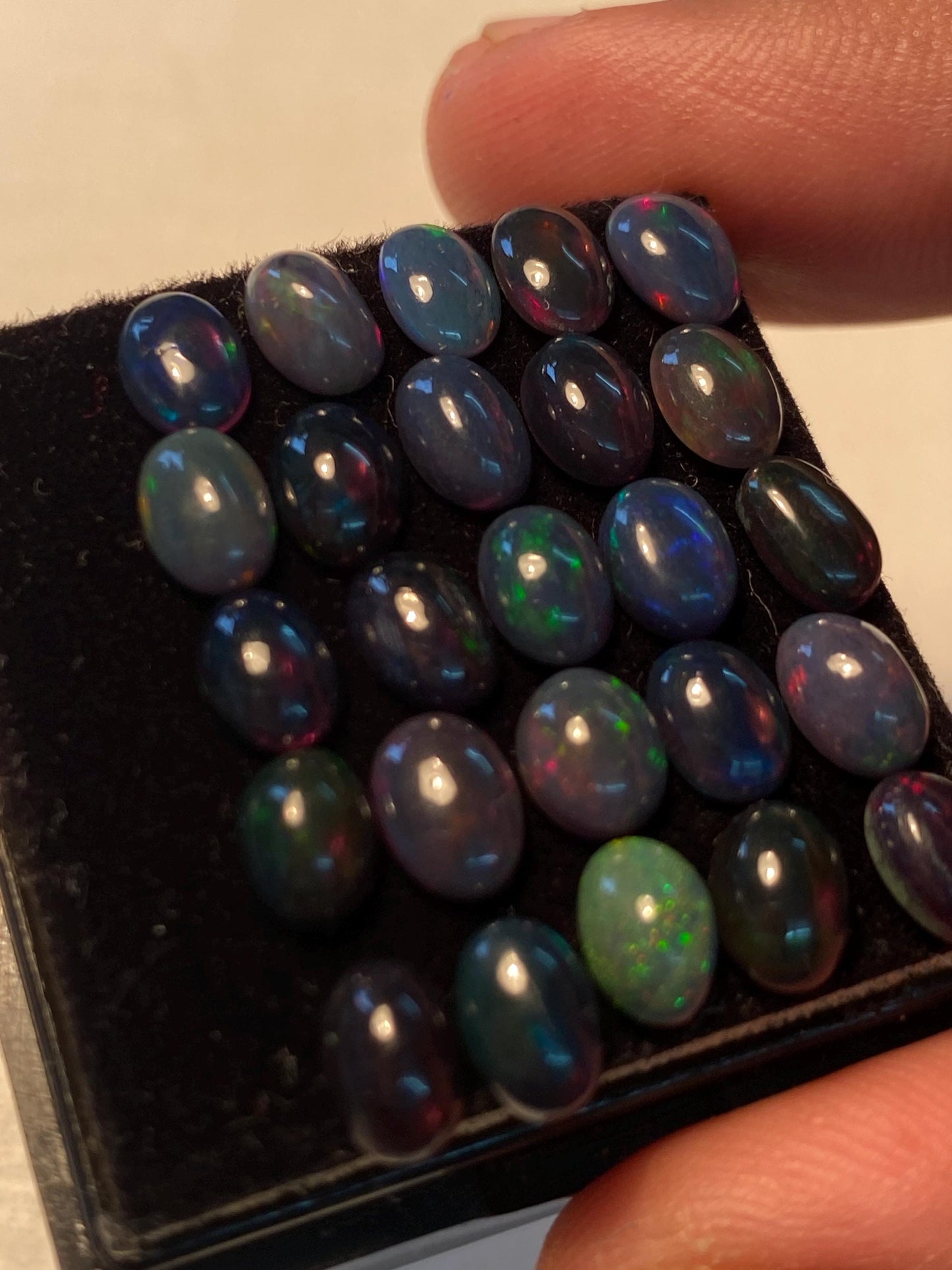 Black opal (smoked) Natural Fire opal cabochons lot size wt 11.30 cts size 7x5mm pcs 25 opal cabochon aa quality fire black opals cabochons