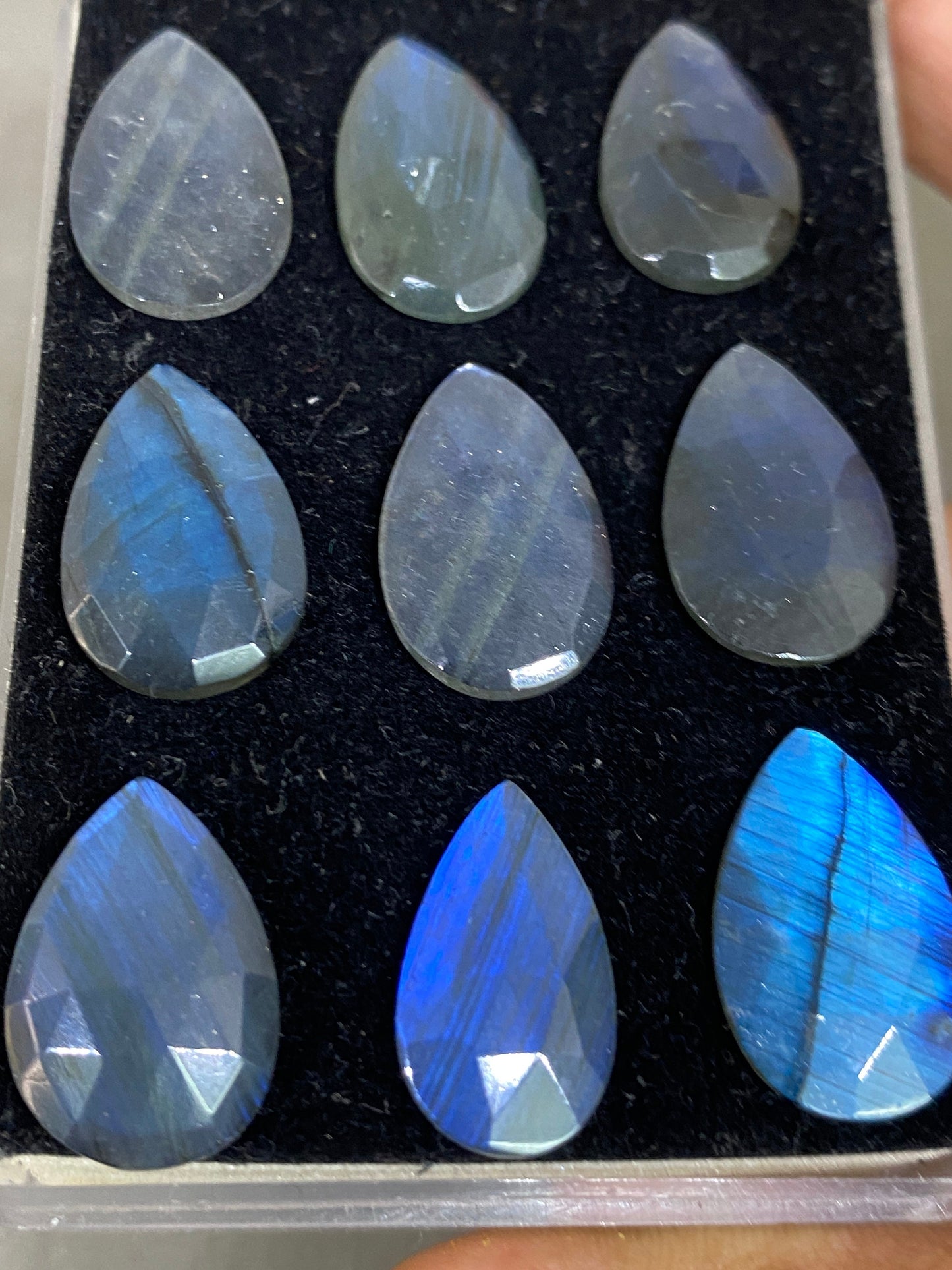 Mesmerising blue fire labradorite pear rose cut wt 55 cts pcs 9 size 14x9-20x11mm blue fire labradorite hexagon