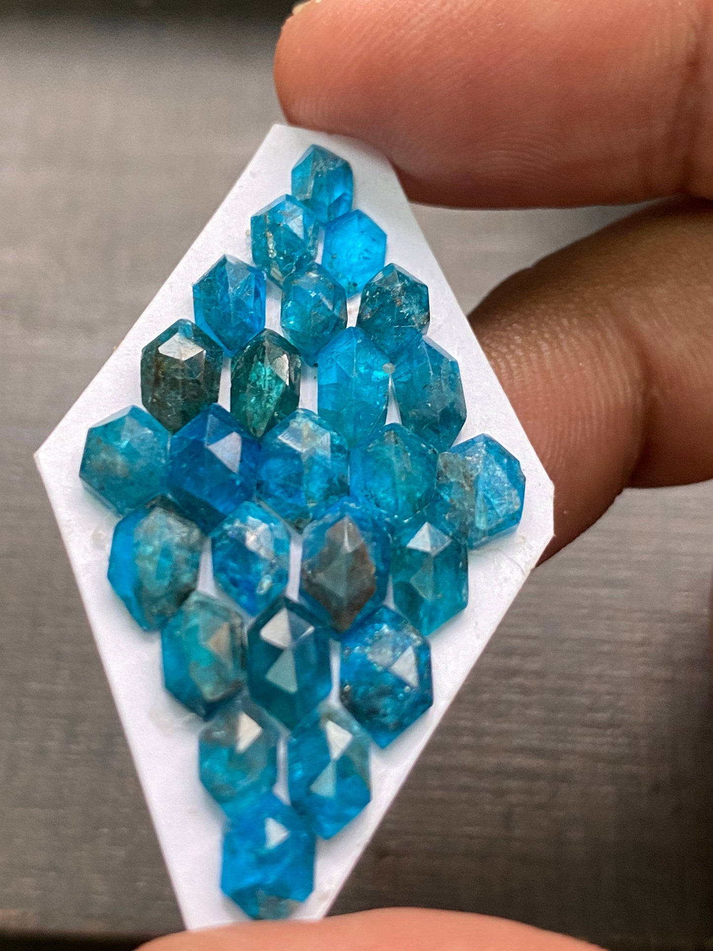 Gorgeous neon blue apatite hexagon stepcut faceted hexagon size 7x5-8x5mm fancy hexagon nice pcs 25 wt 17.45 cts apatite hexagon