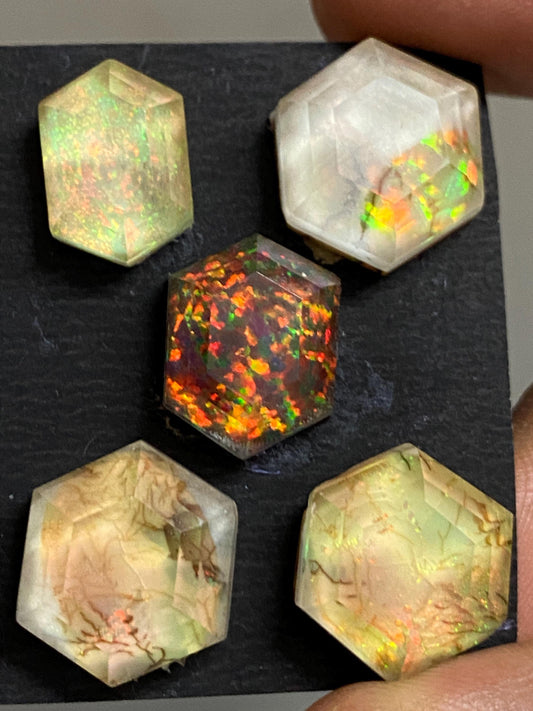 Fascinating Multi fire sterling opal monarch opal crystal doublet hexagon stepcut pcs 5 wt 56 carats  big size 14x10-15x14mm jewelry supply