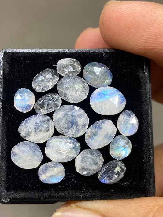 Nice Blue fire rainbow moonstone unusual faceted rosecut pcs 17 wt 19 cts size 6x5mm-9x8mm beautiful fire rainbow moonstone facted