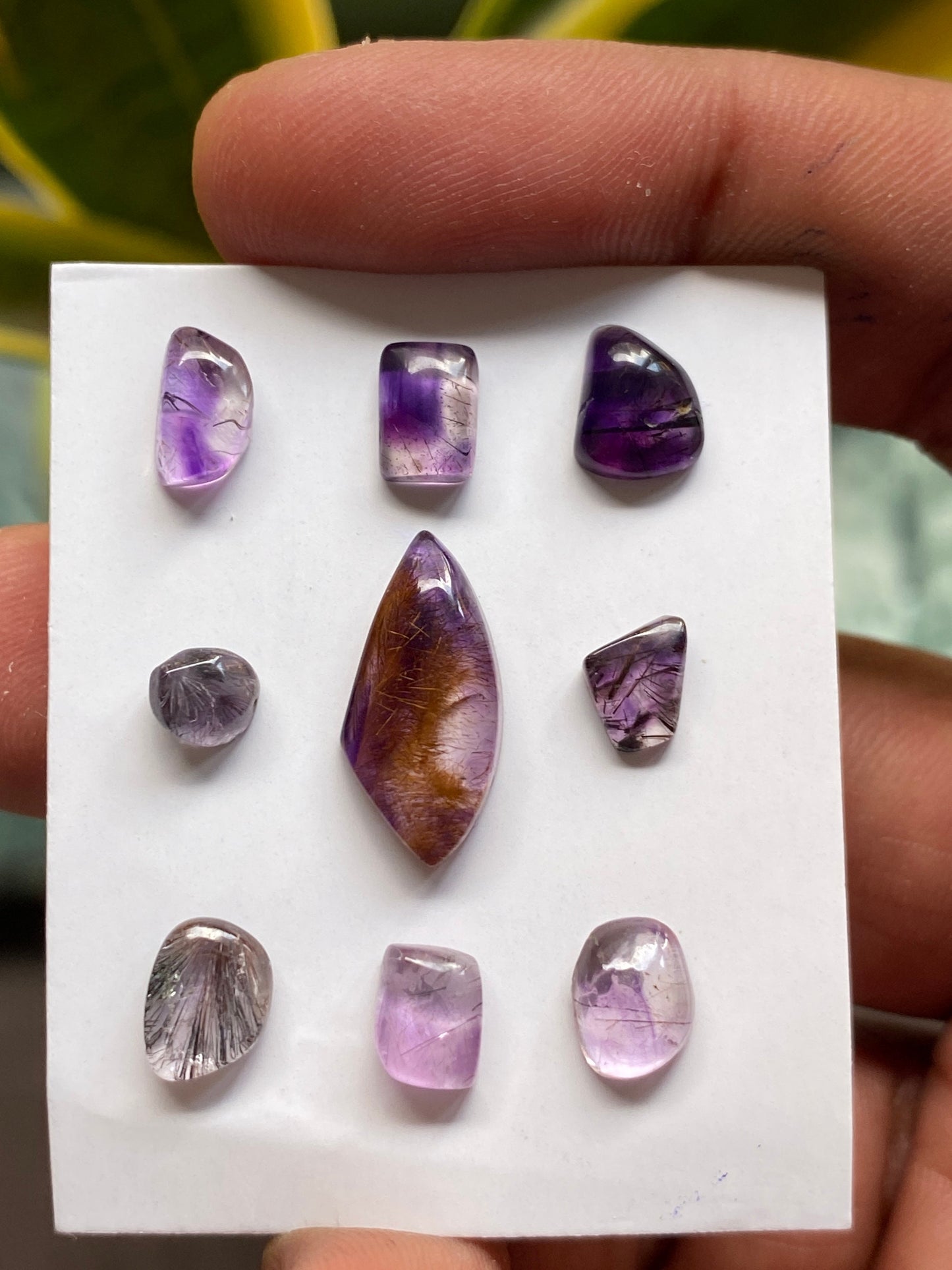 Fascinating rare Super seven cabochons mix amethyst rutile quartz lepidocrocite cacoxenite pcs 9 wt 13 cts 5mm-18x8.6mm pendant ring supply