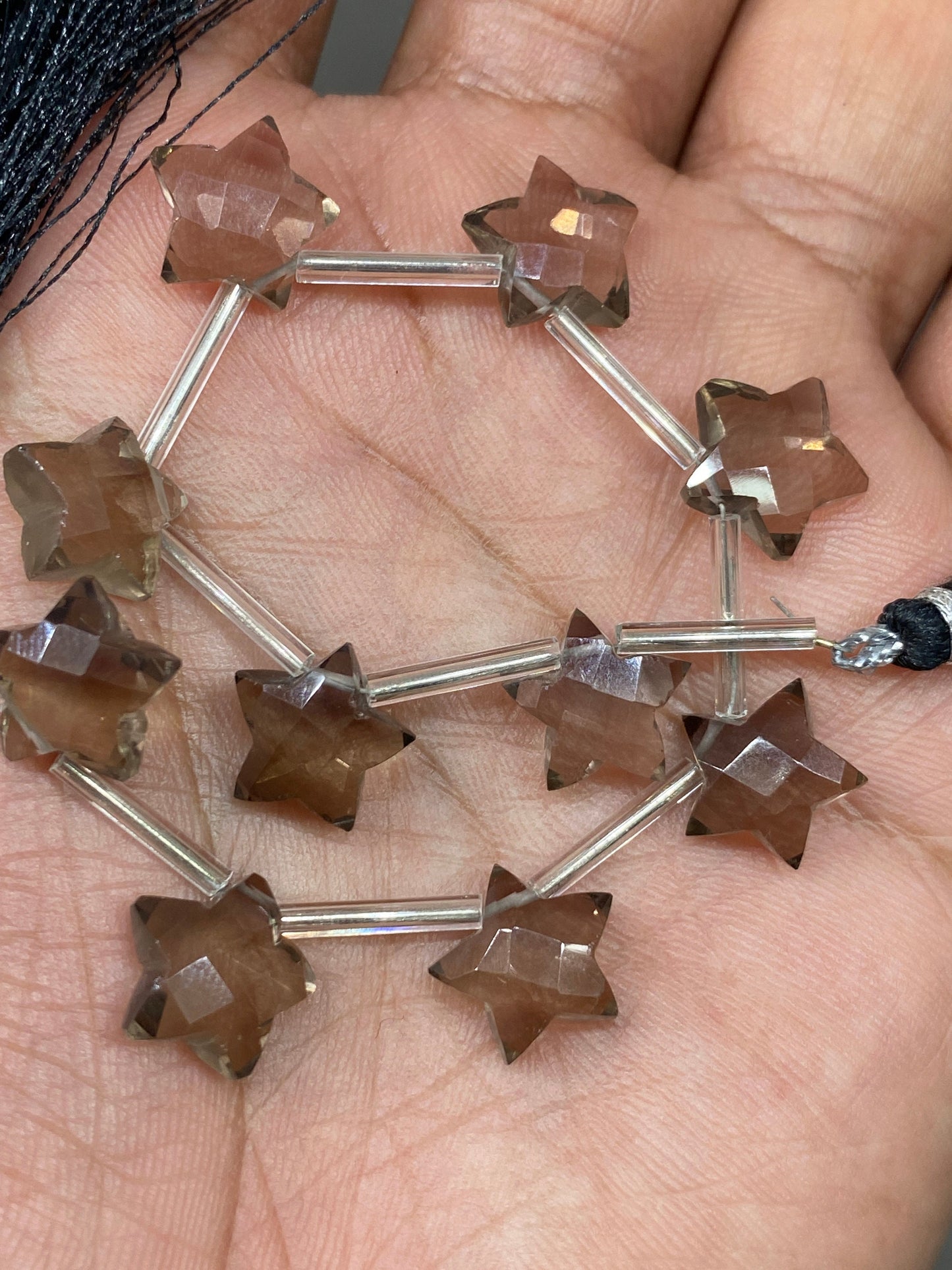 Gorgeous rare Smokey quartz faceted star shape briolette strand length 7 inches wt 44 cts approx size 11mm-12mm Smokey quartz star briolette