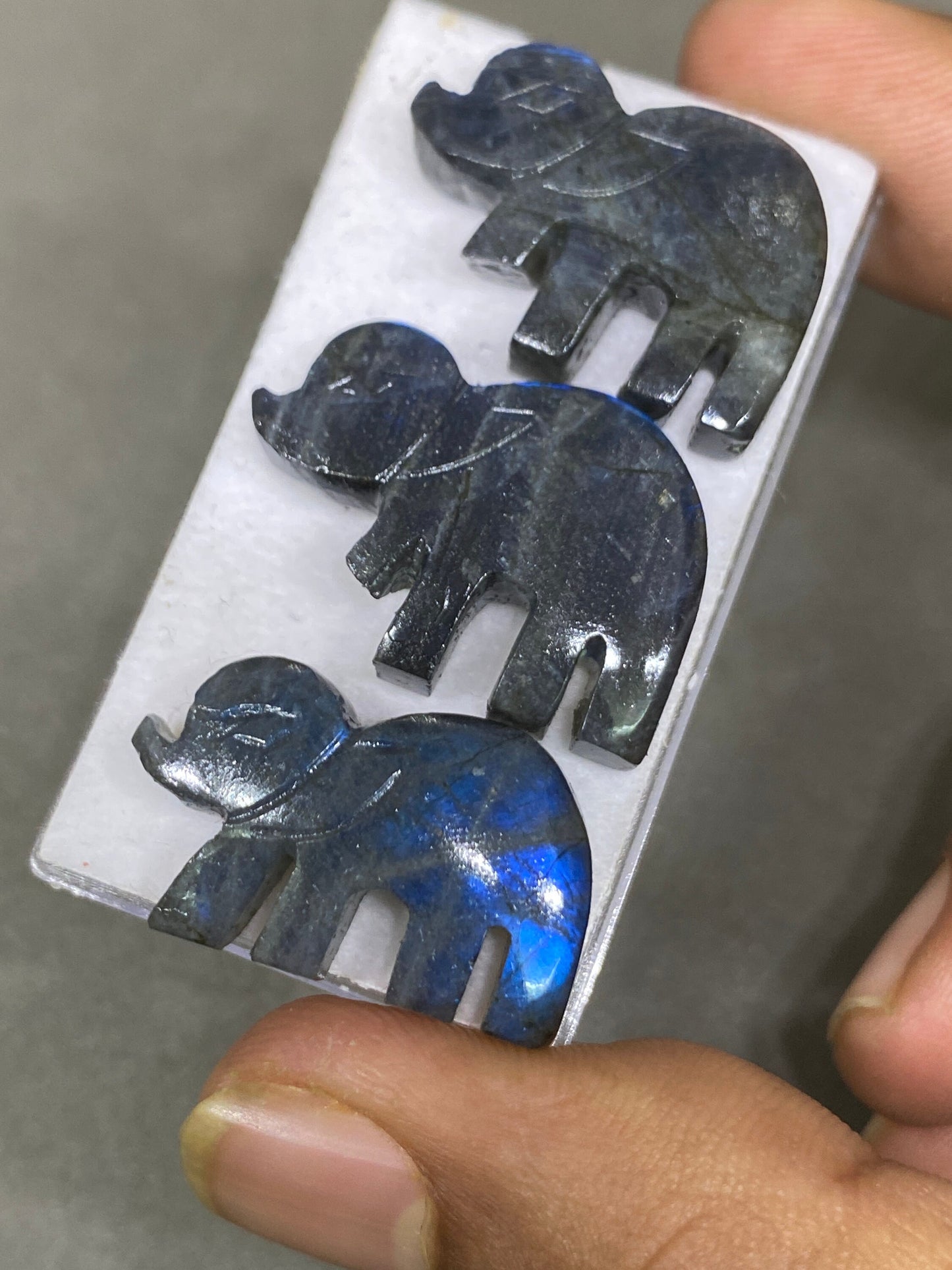 Awesome rare Black rainbow labradorite elephant carving  blue fire smooth  pcs 3 wt 59 cts size 25x15-27x18mm labradorite elephant carving