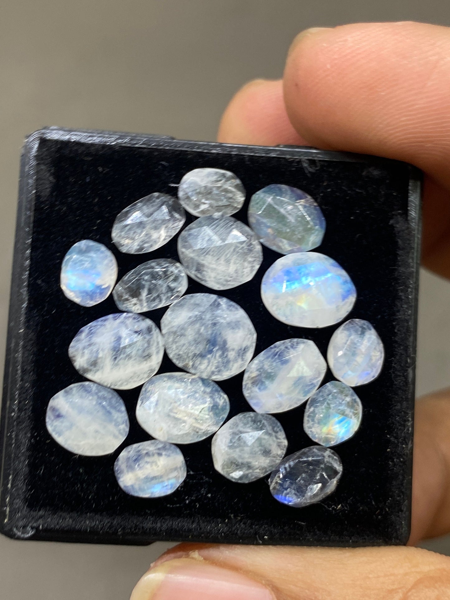 Nice Blue fire rainbow moonstone unusual faceted rosecut pcs 17 wt 19 cts size 6x5mm-9x8mm beautiful fire rainbow moonstone facted