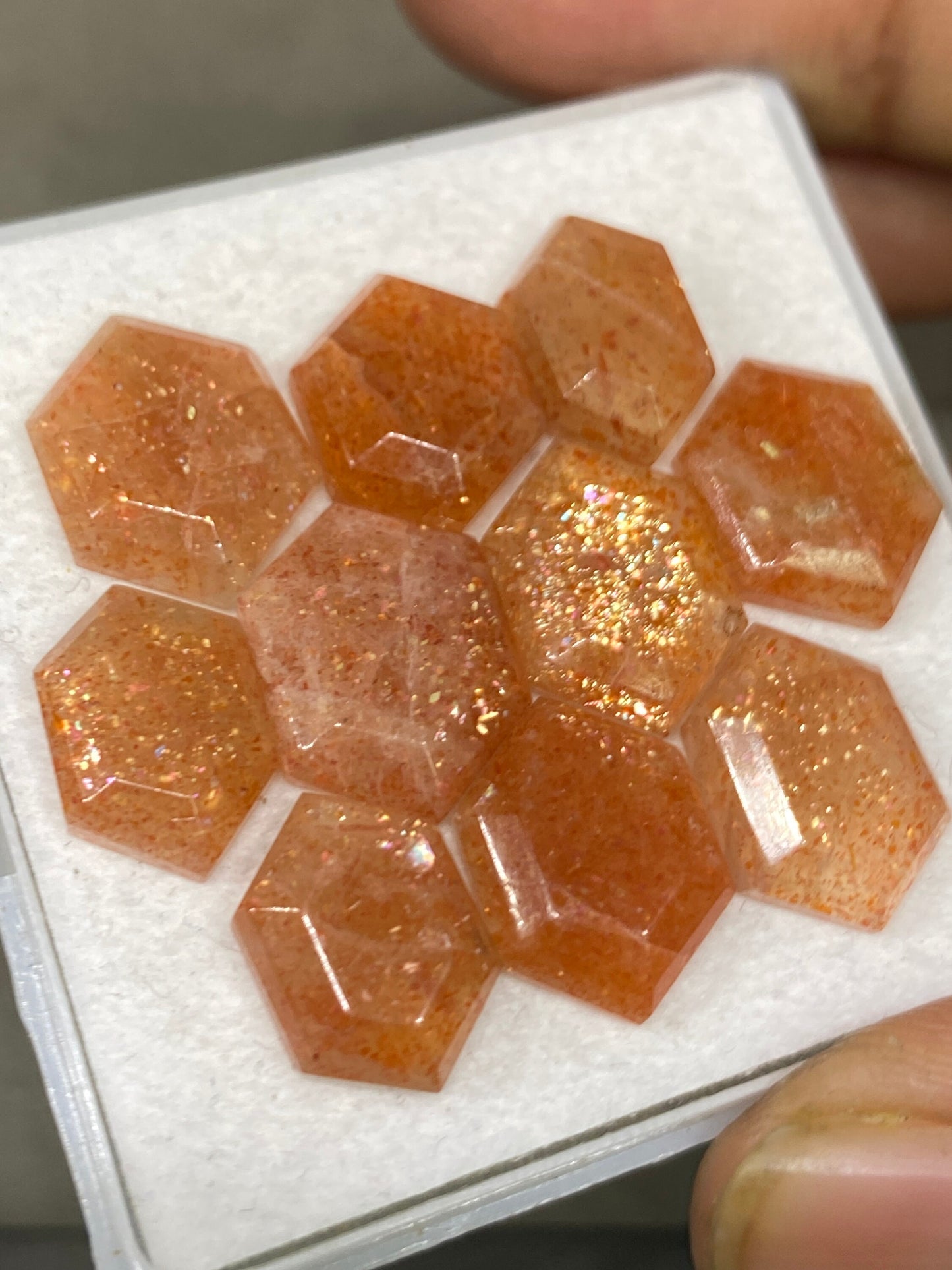 Stunning rare sunstone hexagon shape mirror cut flats wt 44 carats pcs 10 size 13x9-15x11mm sunstone geometric mirror cut flatback gems