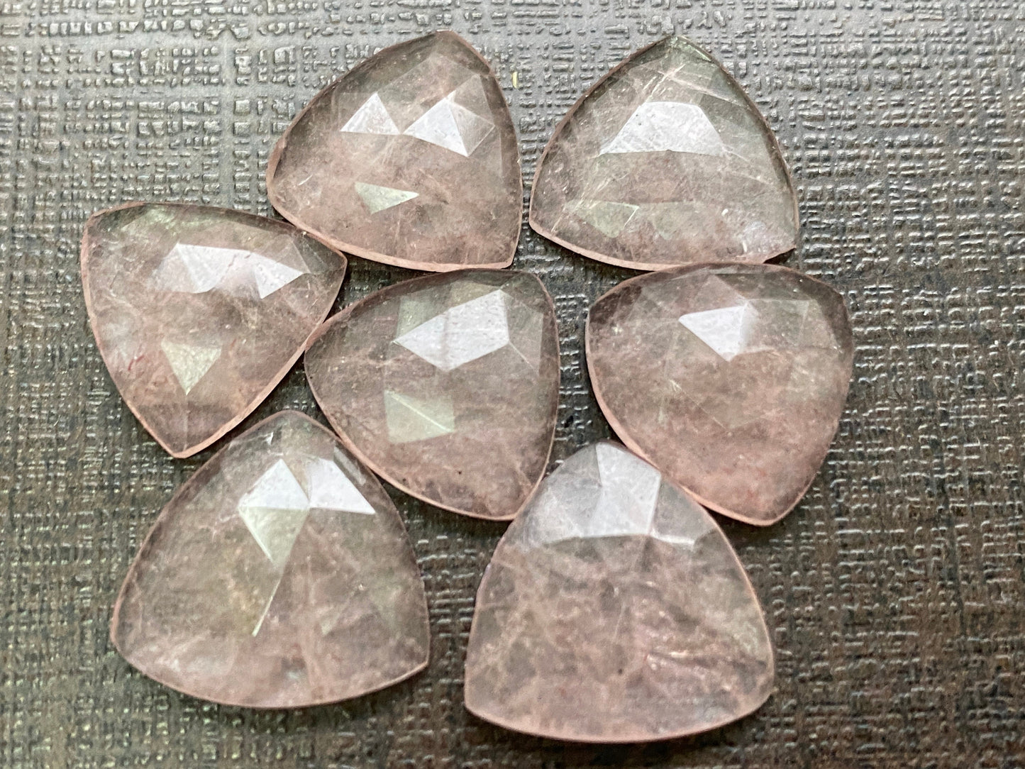 Cute baby pink Strawberry quartz trillion lot pcs 7 wt 40  cts size 15mm beautiful pink strawberry quartz trillion shape rosecut