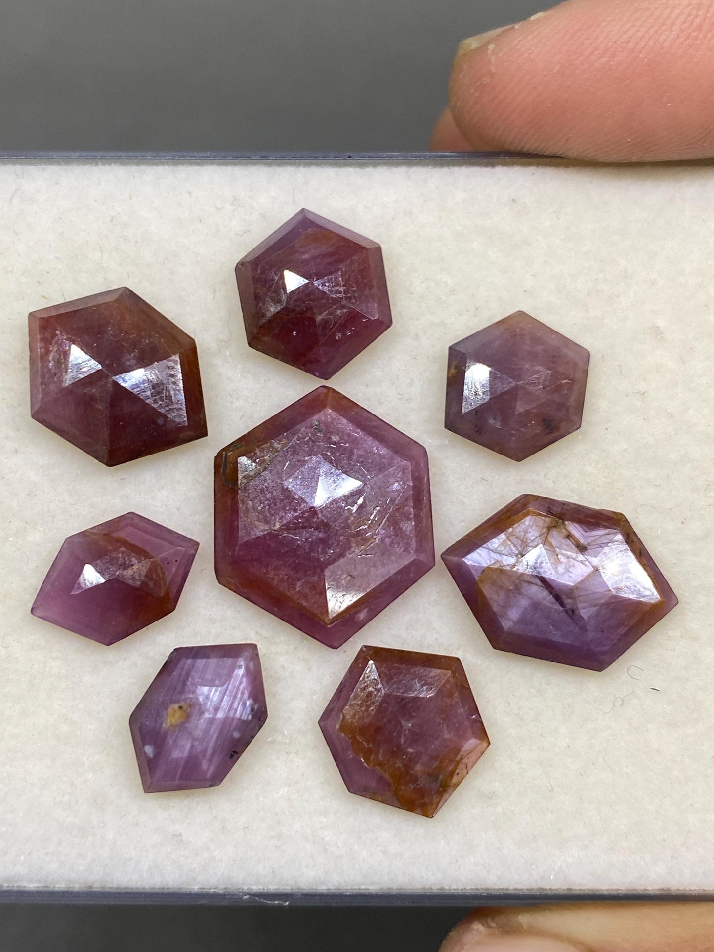 Marvellous rare star ruby sapphire fancy hexagon  shape stepcut weight 46 cts pcs 8 size 12x11-19x18mm natural star sapphire step cut