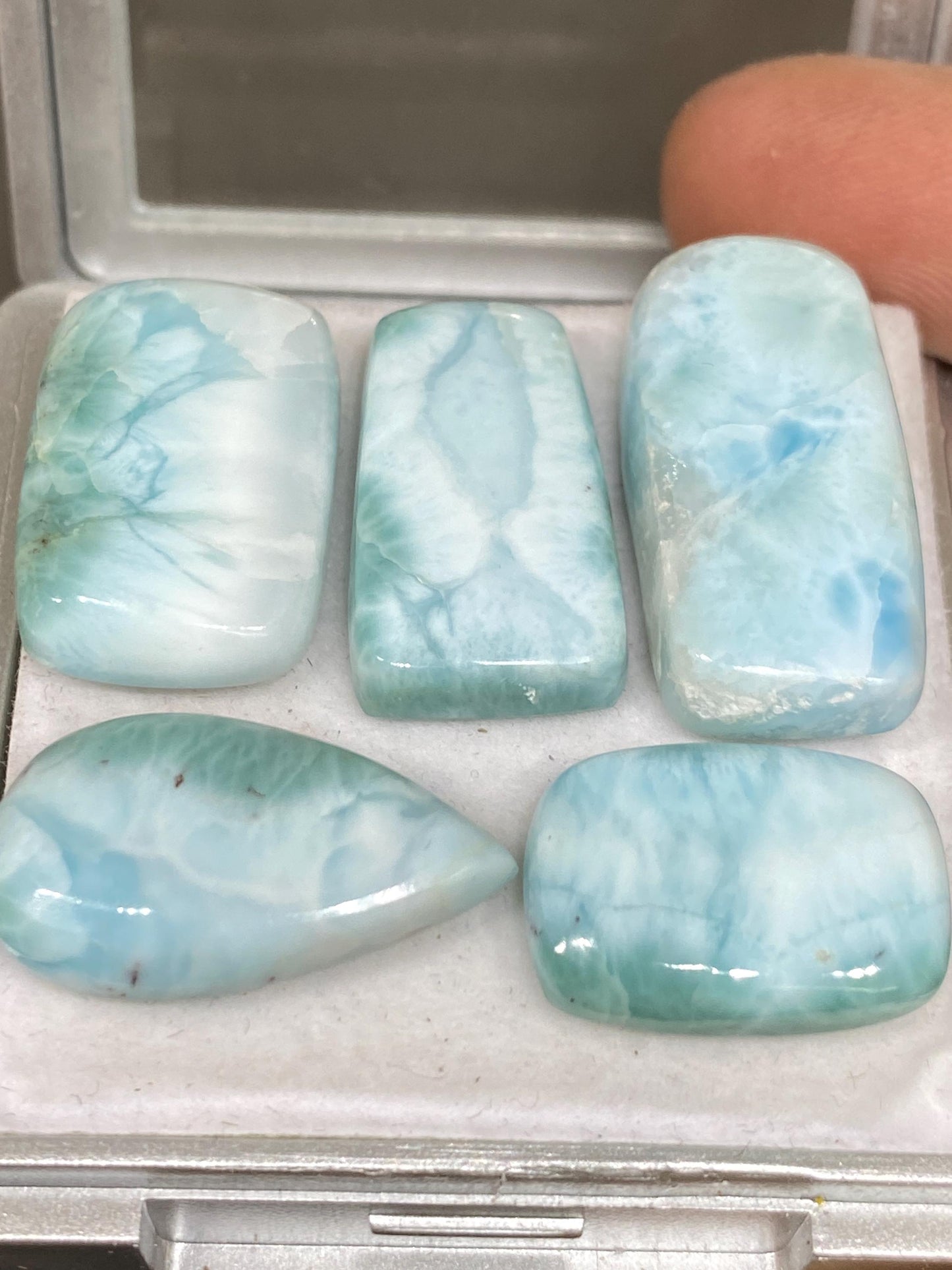 Mesmerising rare Smooth Larimar cabochons pcs 5 pendant supply  wt 95.40 carats size 19x14mm-22x13mm natural Larimar cabochons fancy shape