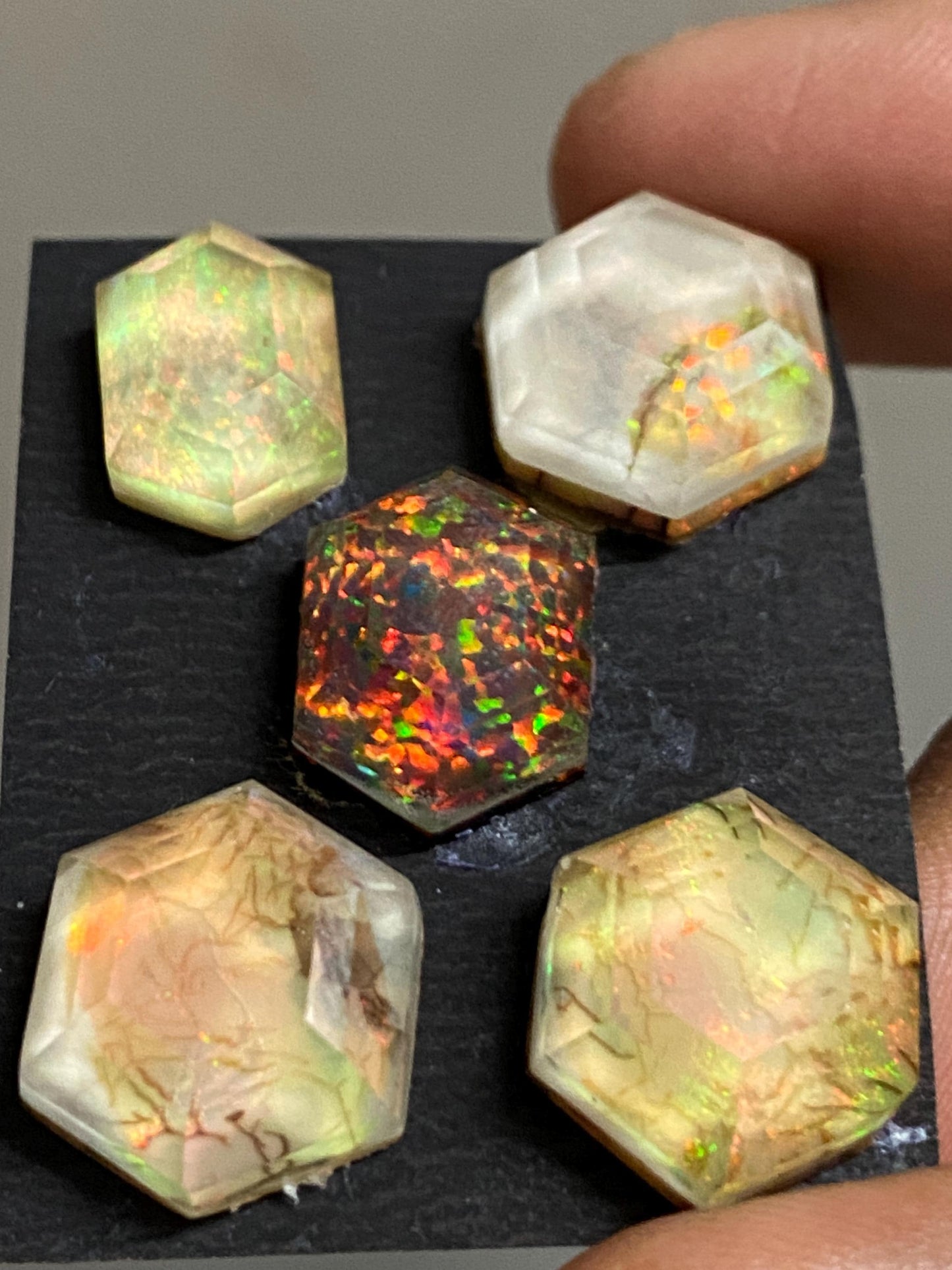 Fascinating Multi fire sterling opal monarch opal crystal doublet hexagon stepcut pcs 5 wt 56 carats  big size 14x10-15x14mm jewelry supply