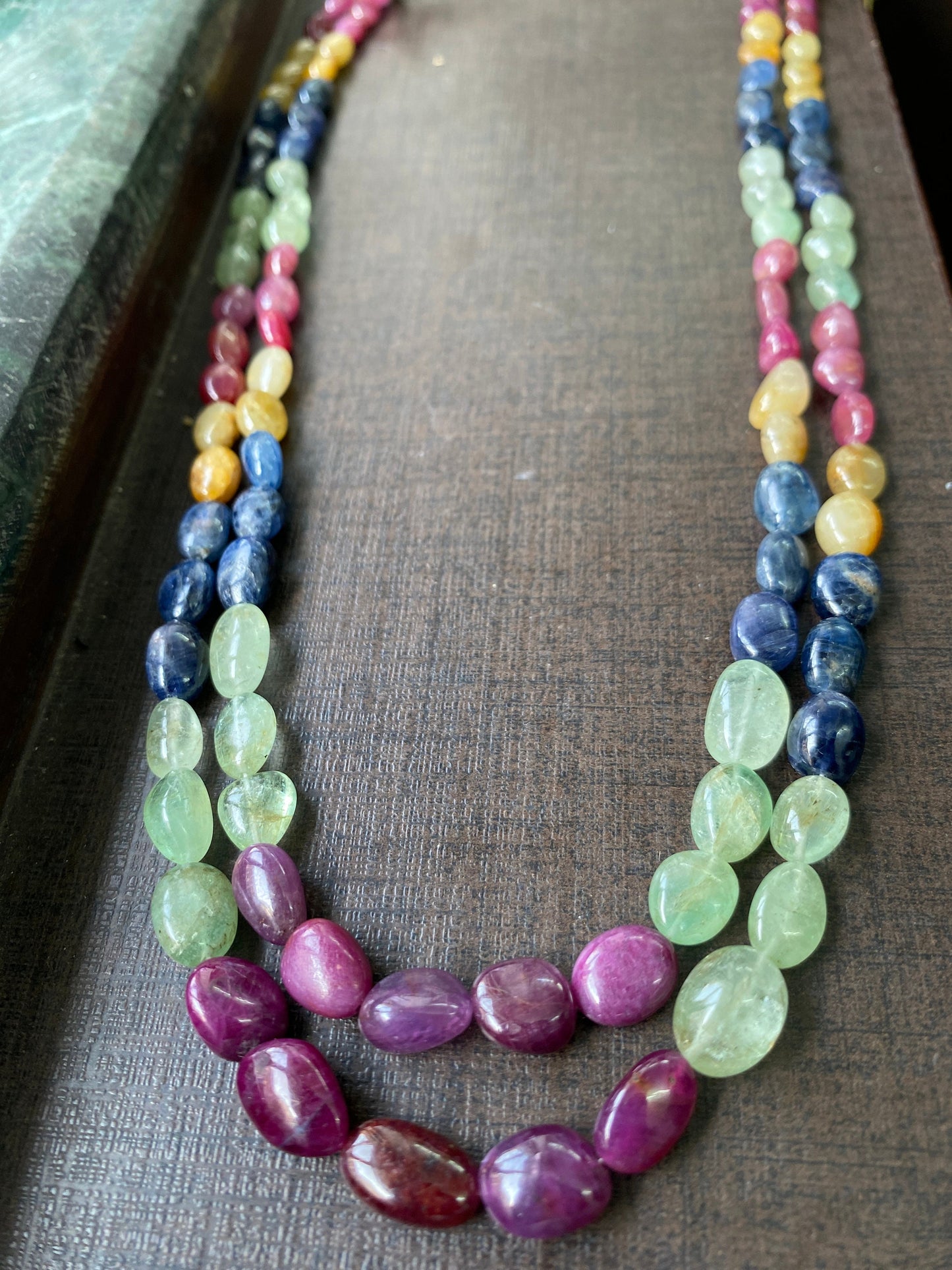 Very rare Multi Sapphire ruby emerald necklace smooth polished nuggets weight 375 carats size 8.2x5-12.5x8mm length inches multi sapphire